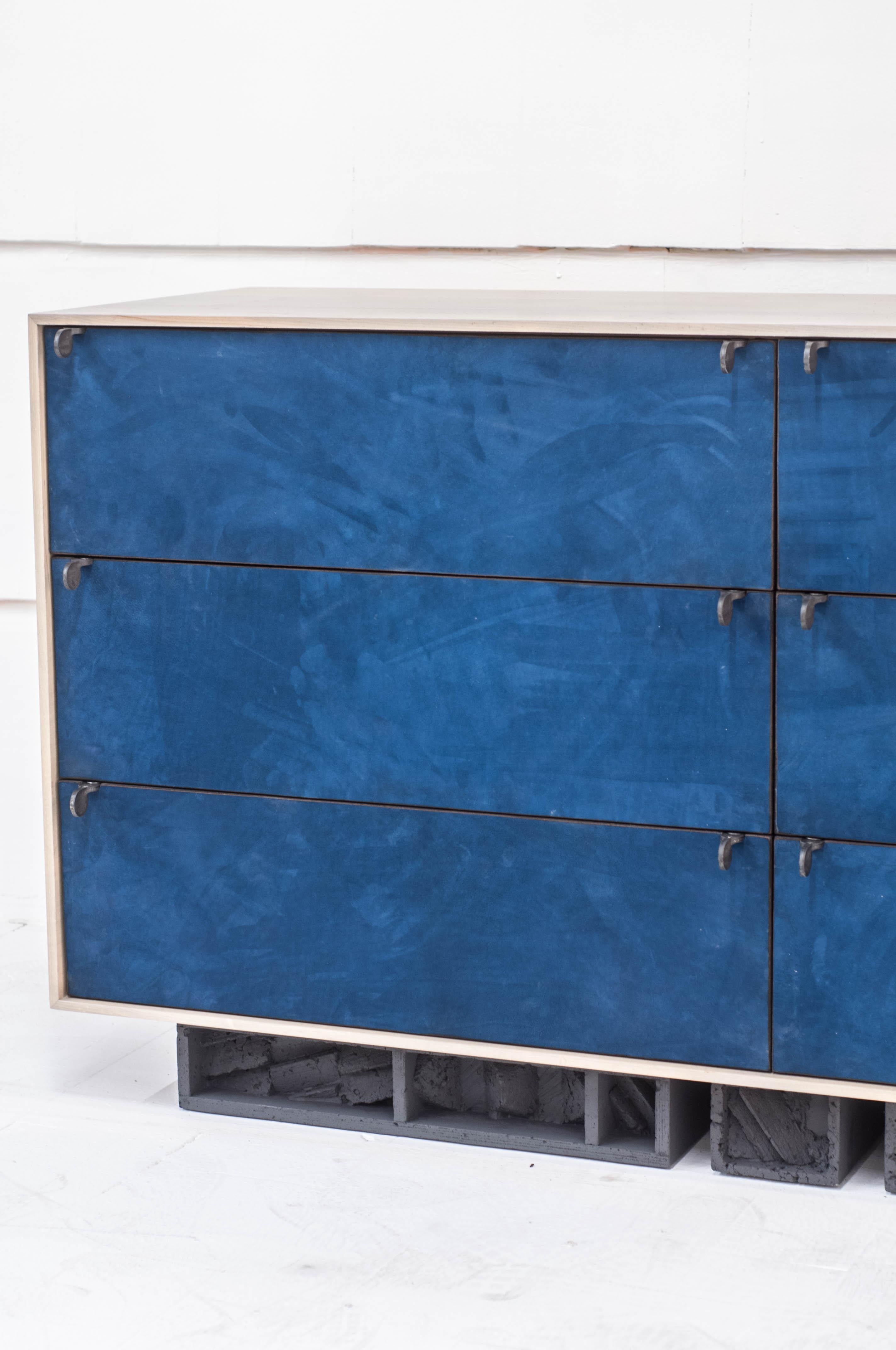 Excavated Wardrobe in Blue Suede and Oxidized Maple with Cast Pewter Handles In New Condition In Vancouver, BC