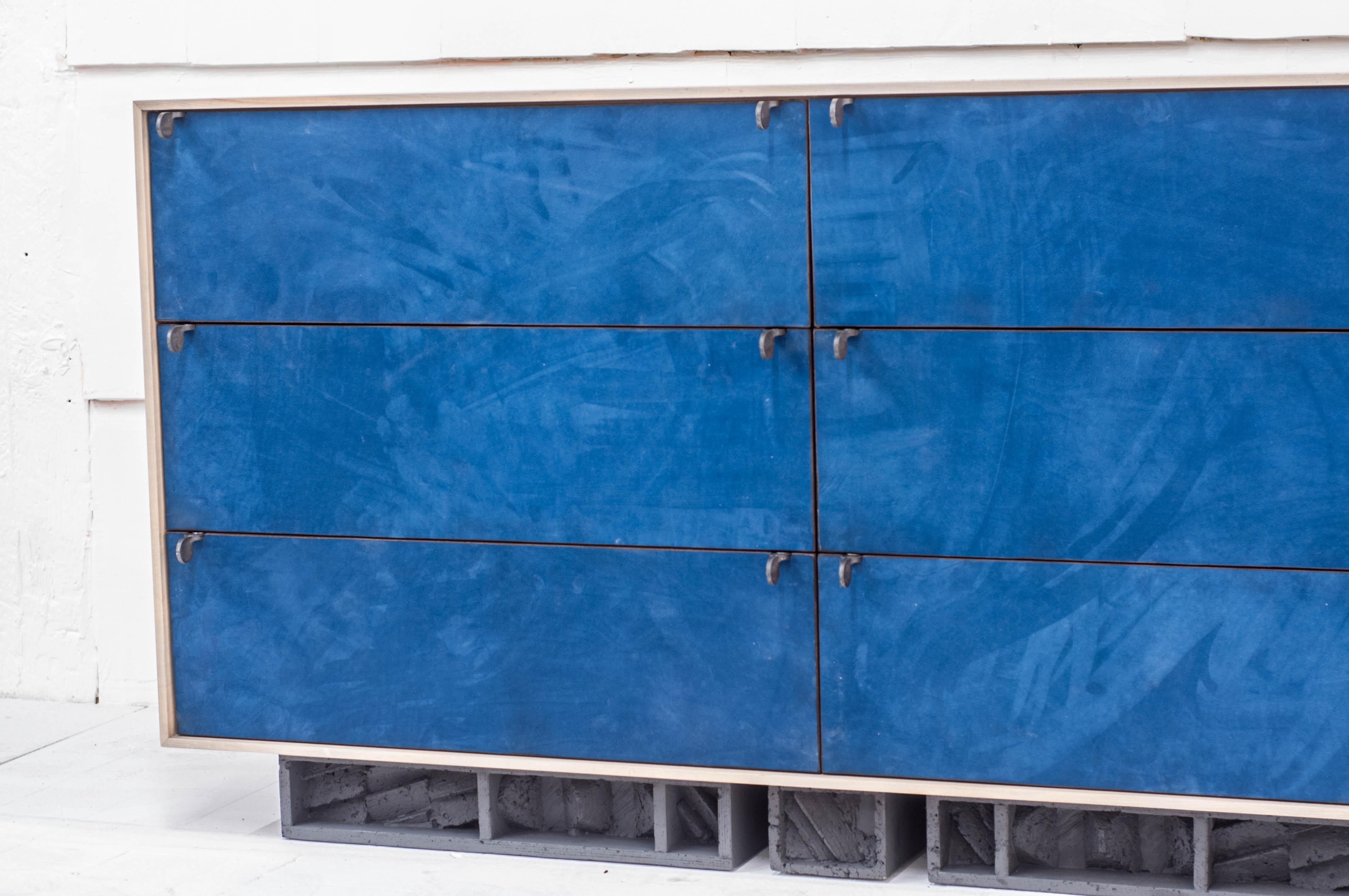 Excavated Wardrobe in Blue Suede and Oxidized Maple with Cast Pewter Handles 1
