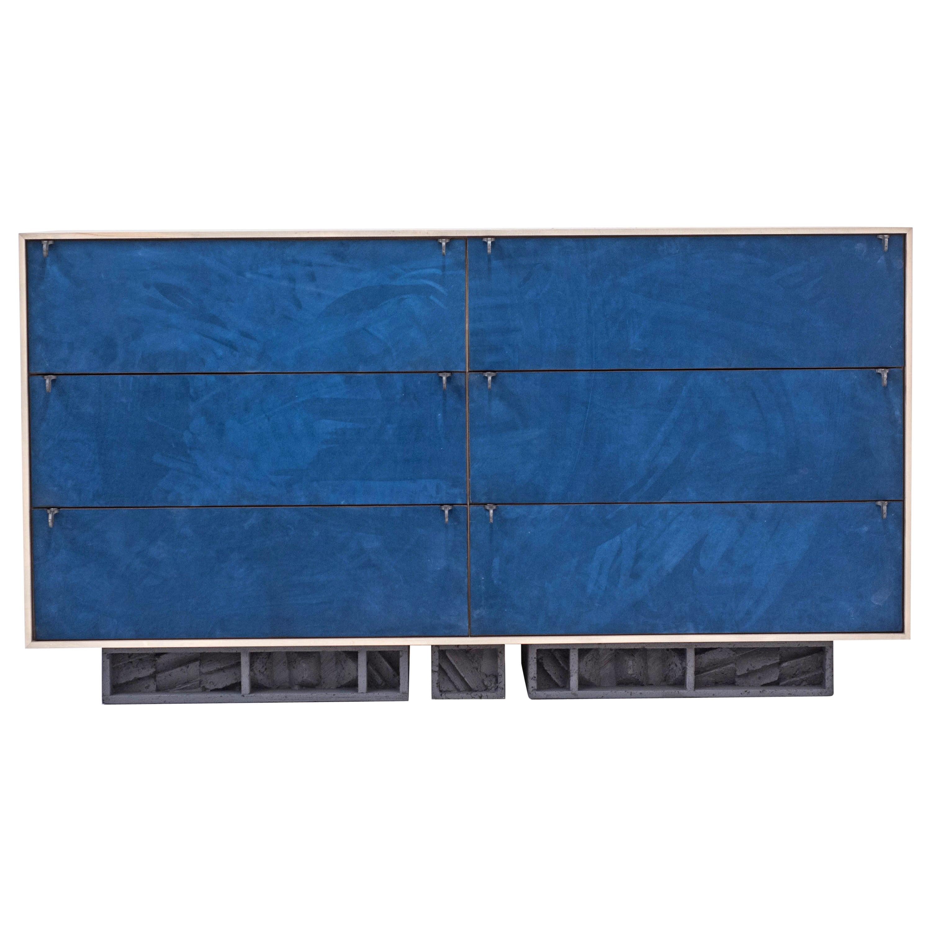 Excavated Wardrobe in Blue Suede and Oxidized Maple with Cast Pewter Handles
