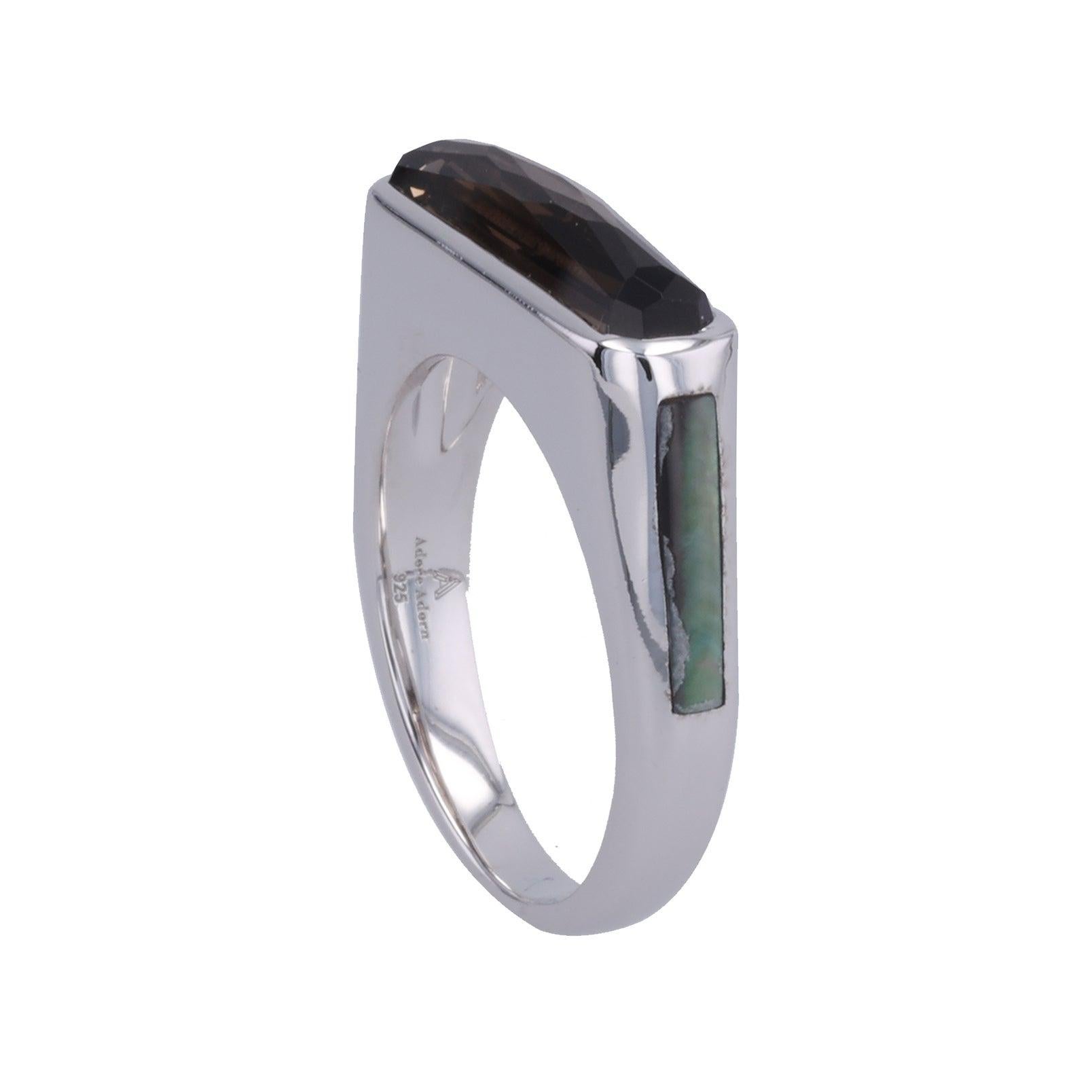 For Sale:  Excellence Side Band Ring Smokey Quartz and Black Mother of Pearl in White Gold 5