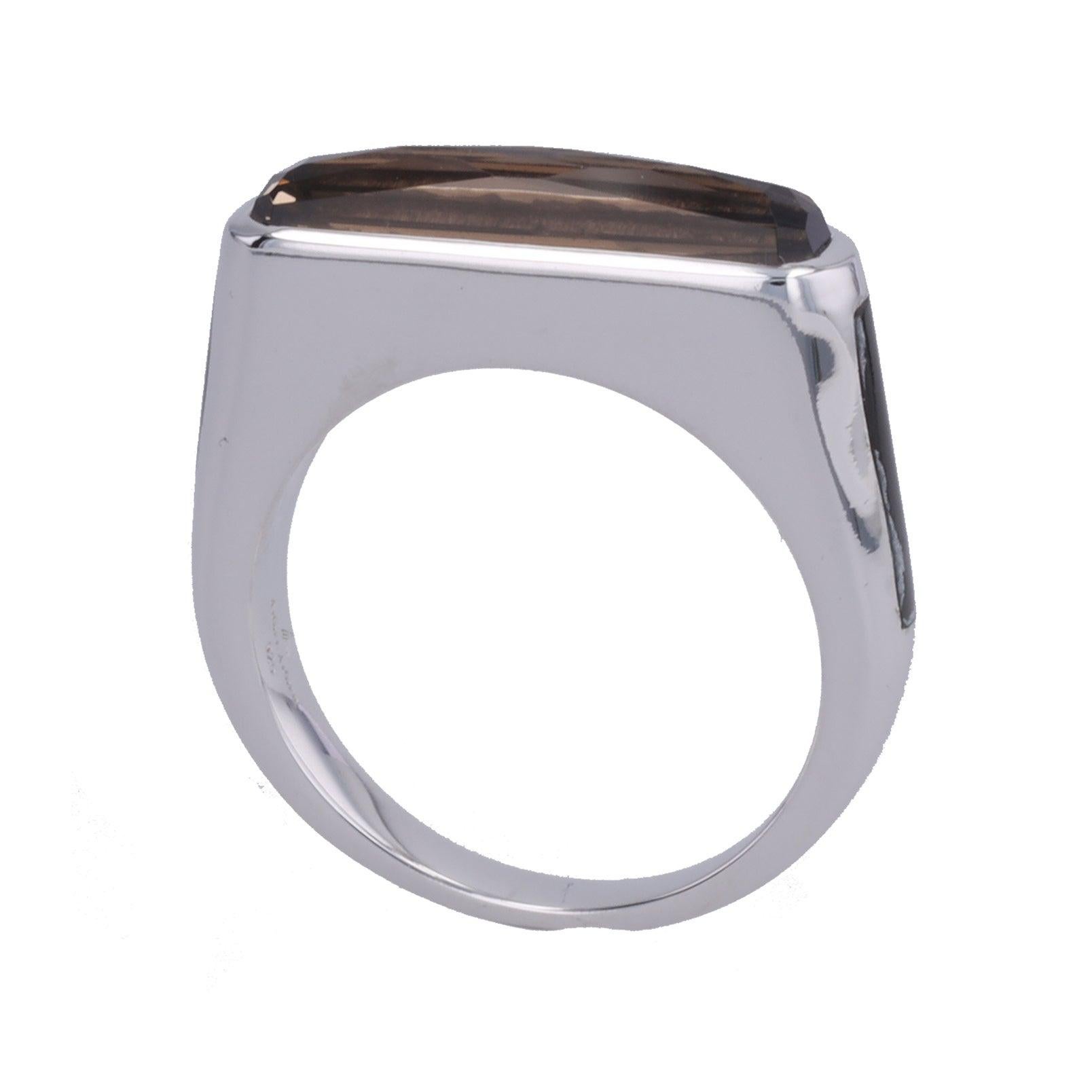 For Sale:  Excellence Side Band Ring Smokey Quartz and Black Mother of Pearl in White Gold 6