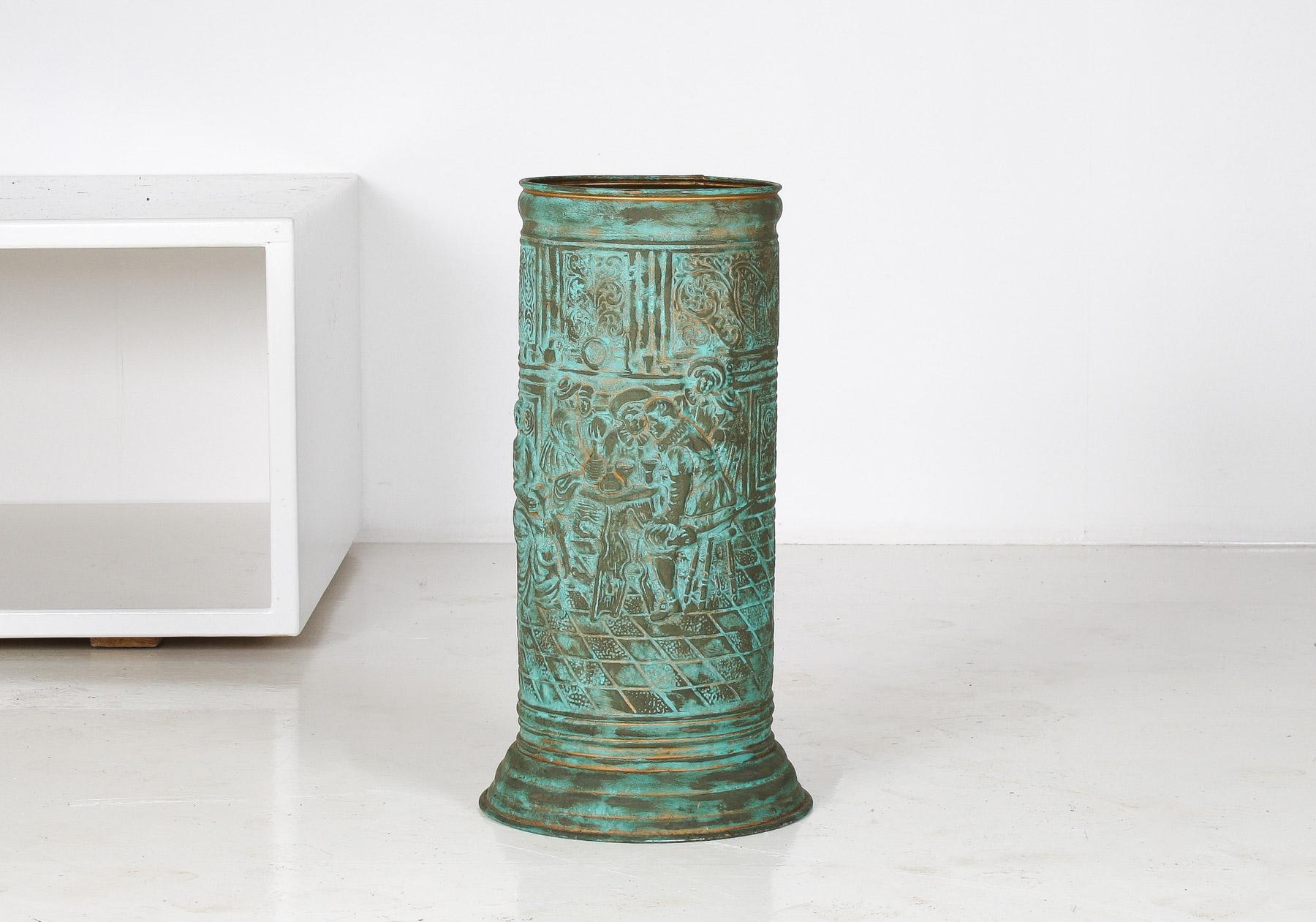 Excellent 1950s Brass Stick Umbrella Stand Pot with Verdigris Copper Patina For Sale 5