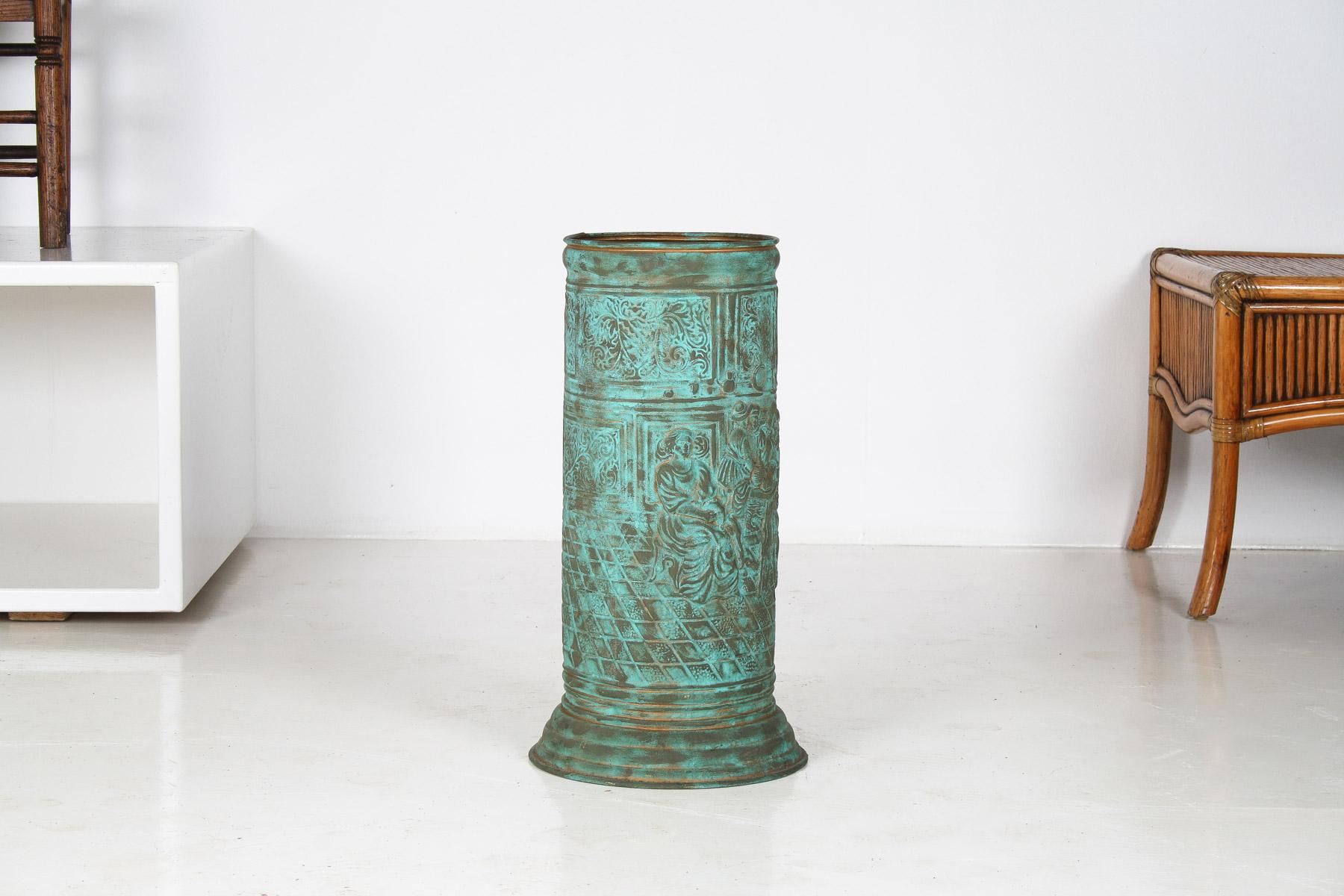 Aesthetic Movement Excellent 1950s Brass Stick Umbrella Stand Pot with Verdigris Copper Patina For Sale
