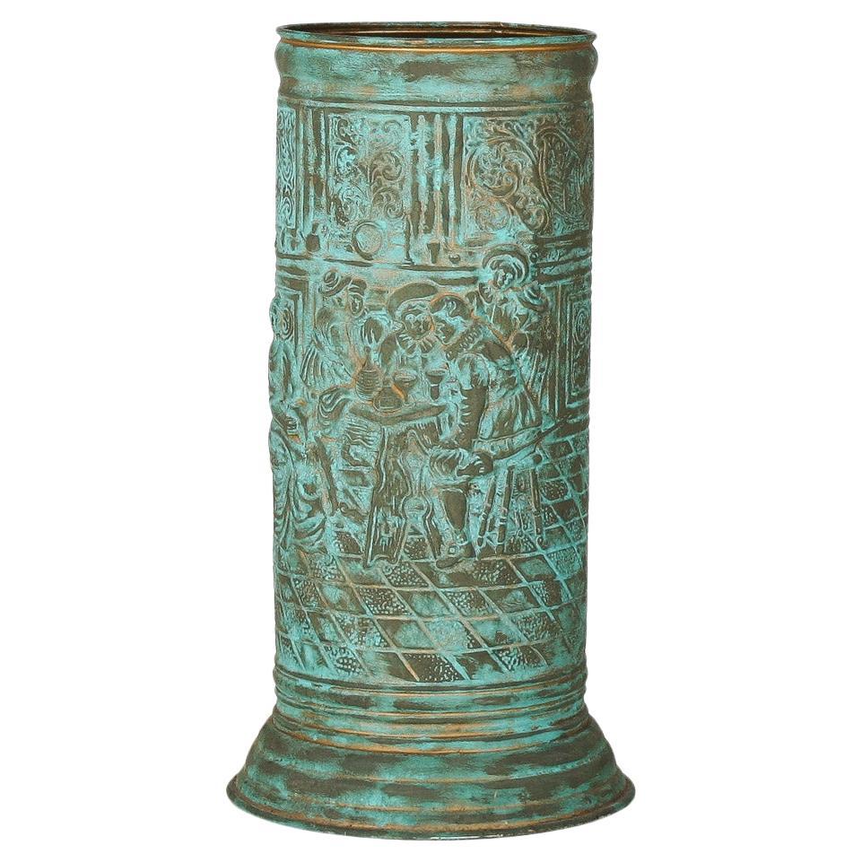 Excellent 1950s Brass Stick Umbrella Stand Pot with Verdigris Copper Patina For Sale
