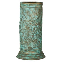 Excelente maceta paragüero de latón de los años 50 con pátina de cobre verdigris