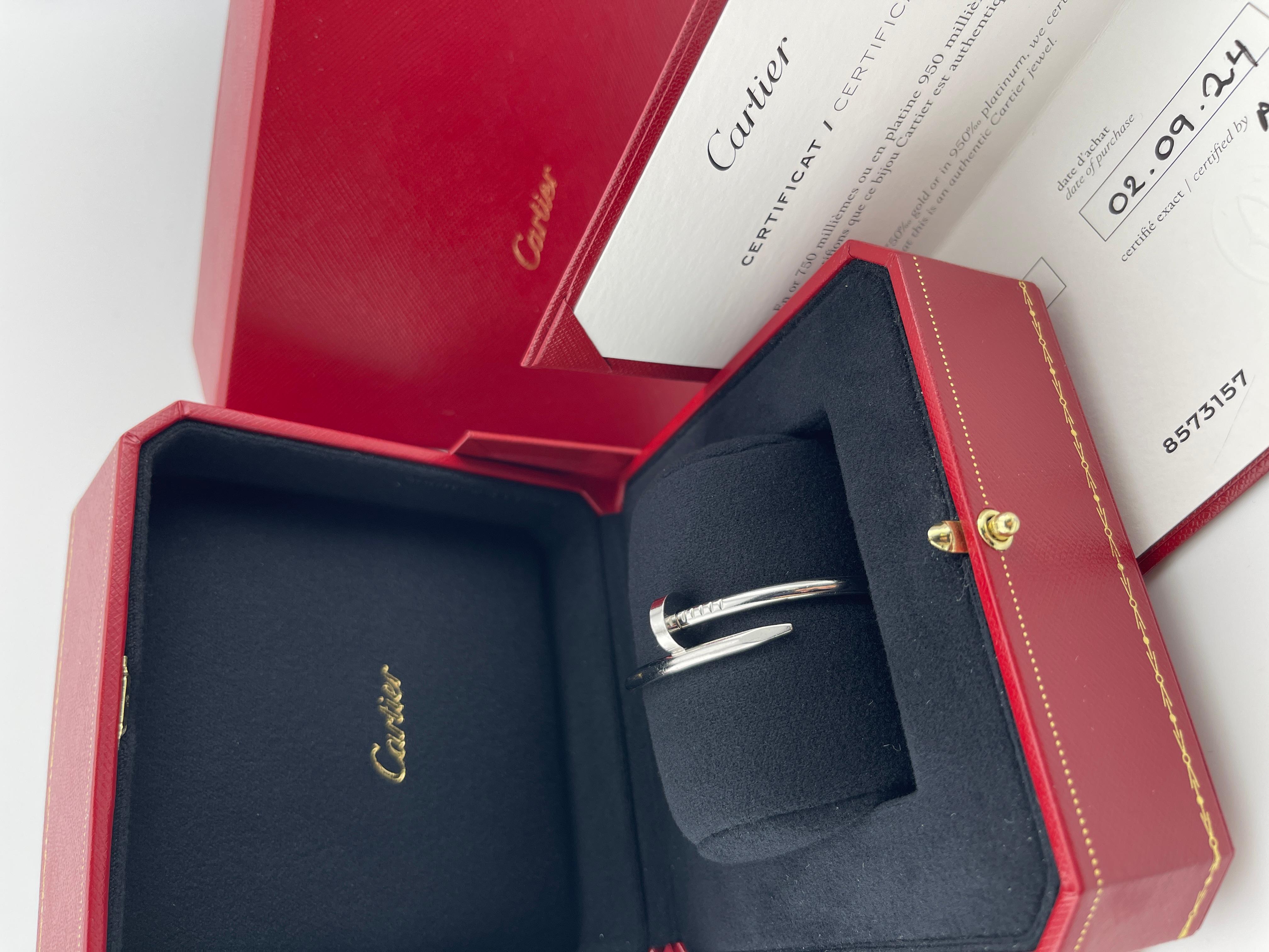 EXCELLENT CONDITION! This 2024 pre-owned Cartier Juste un Clou bracelet (classic model) in 18k white gold is a statement piece of modern luxury. The iconic nail-inspired design, crafted in size 16, showcases Cartier’s signature blend of bold style