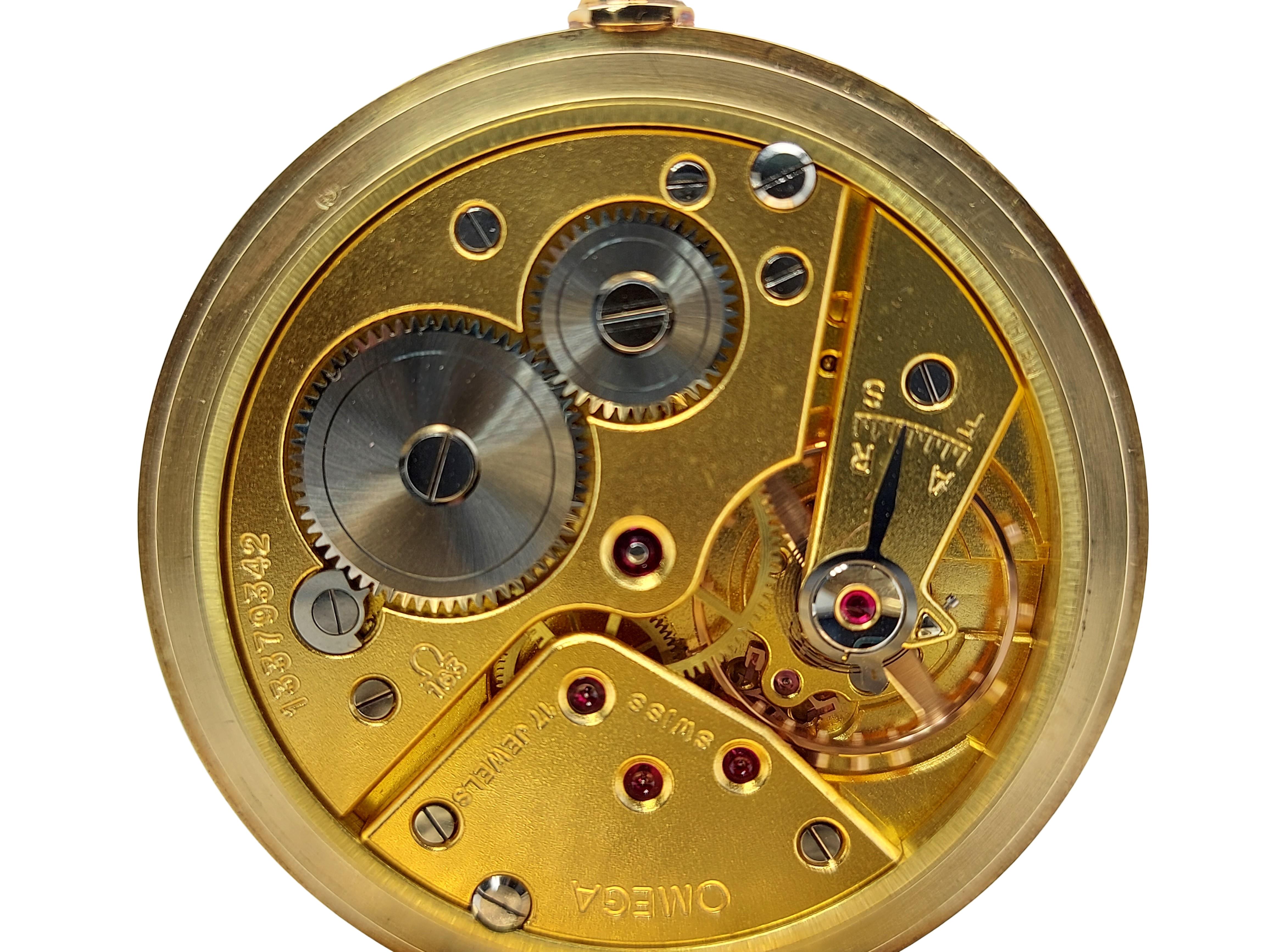 Excellent Condition 14kt Yellow Gold Omega Pocket Watch, Calibre 163, Gold Dial For Sale 5