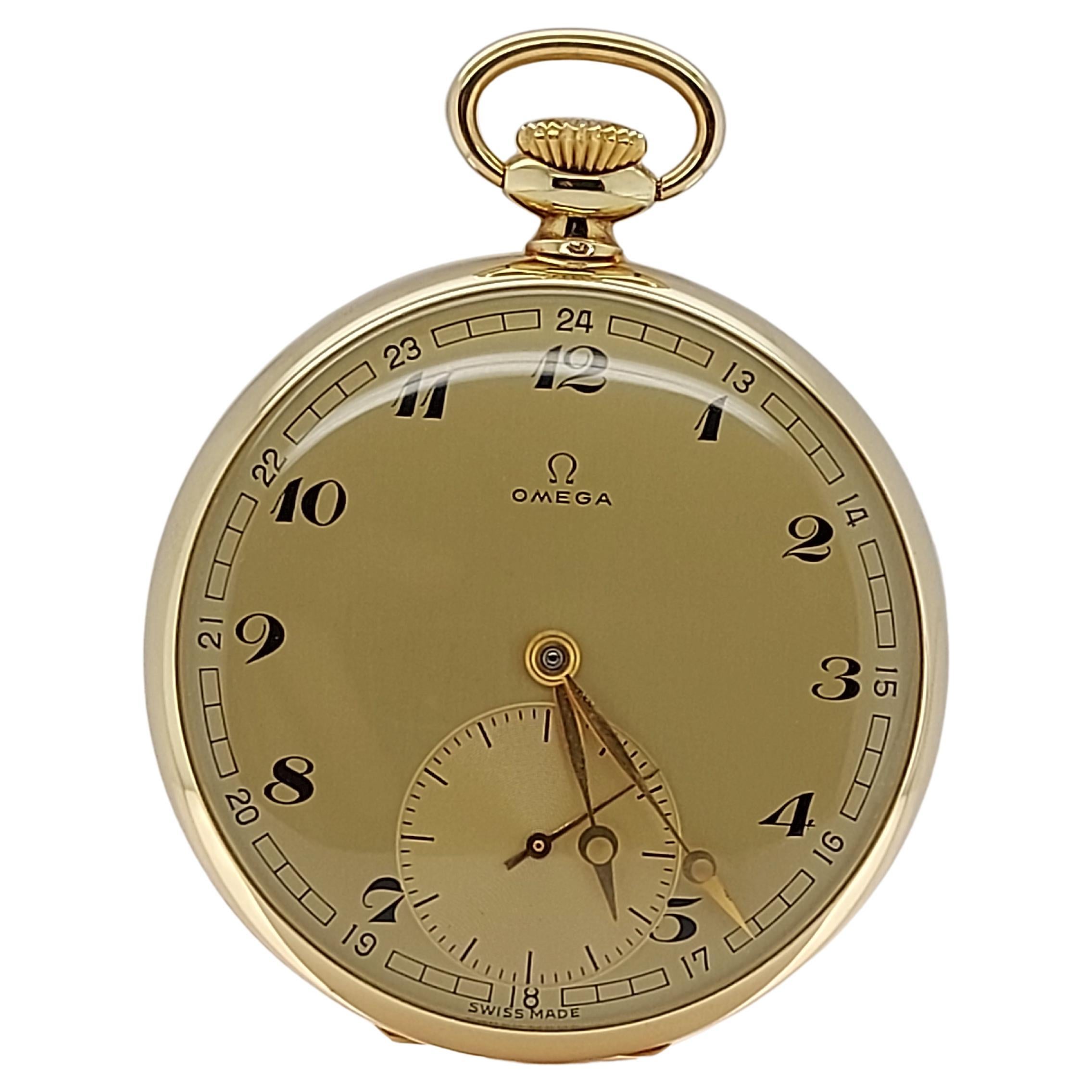 Excellent Condition 14kt Yellow Gold Omega Pocket Watch, Calibre 163, Gold Dial For Sale 7
