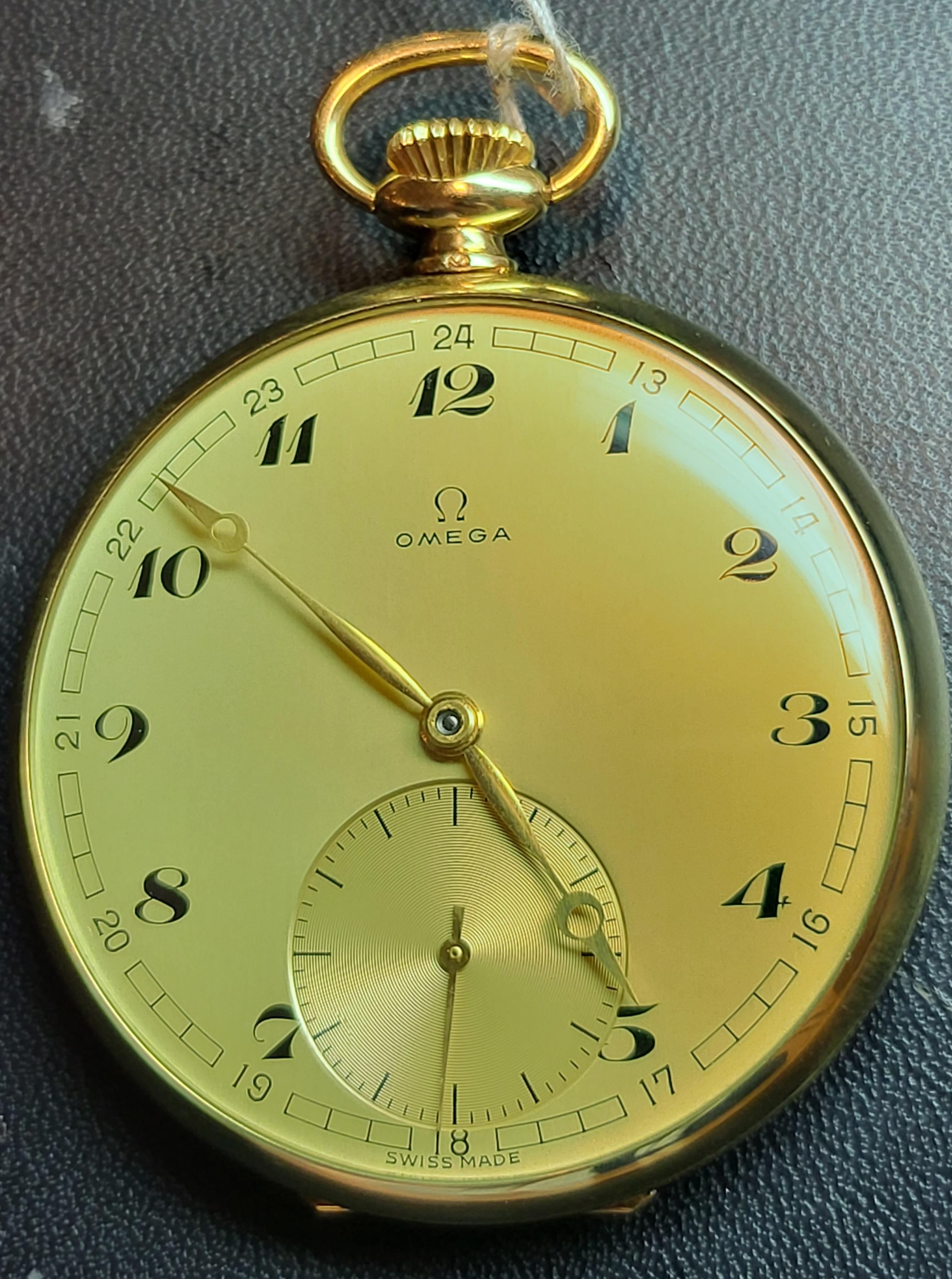 Excellent Condition 14kt Yellow Gold Omega Pocket Watch, Calibre 163, Gold Dial For Sale 9