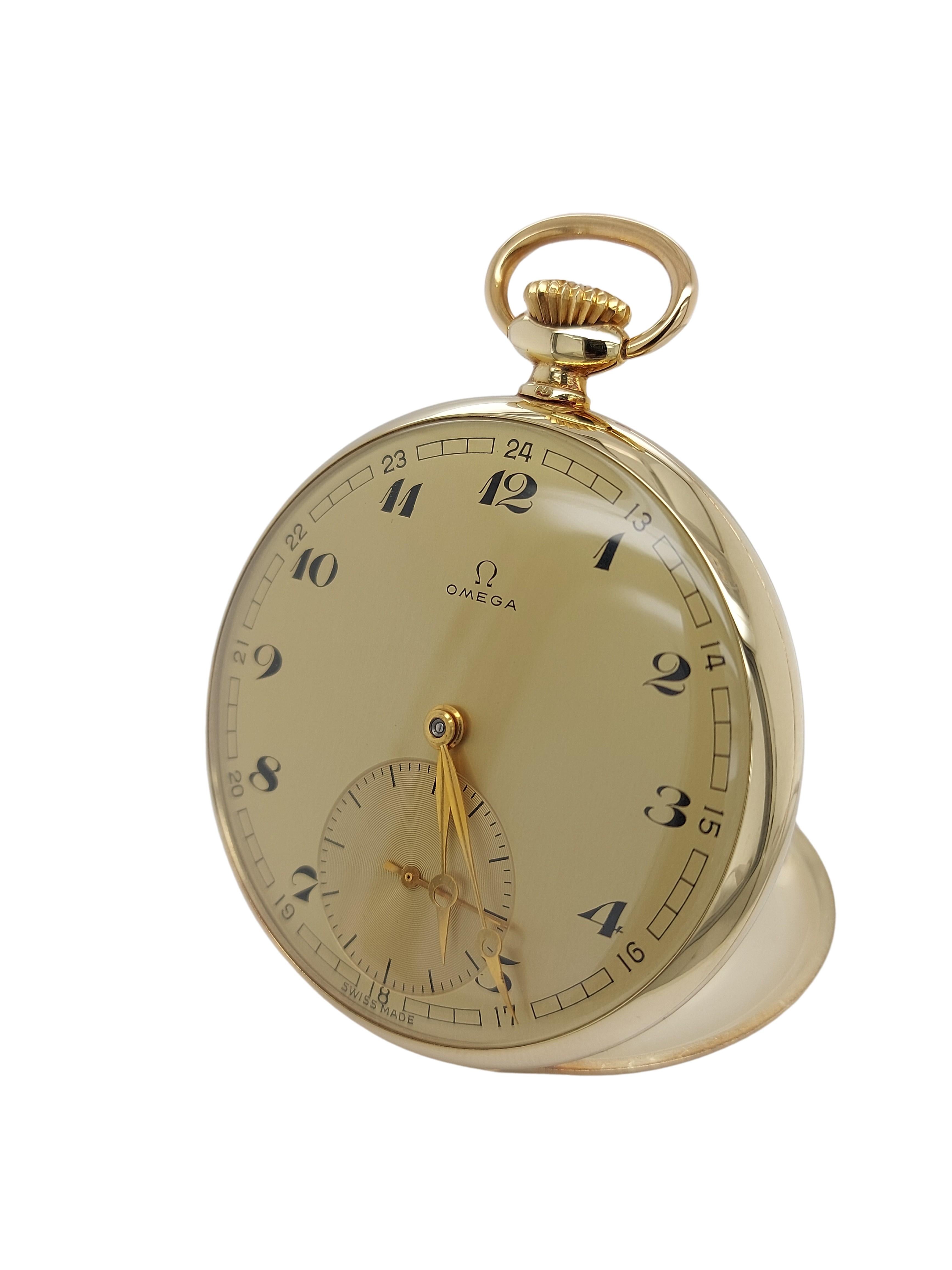 Artisan Excellent Condition 14kt Yellow Gold Omega Pocket Watch, Calibre 163, Gold Dial For Sale