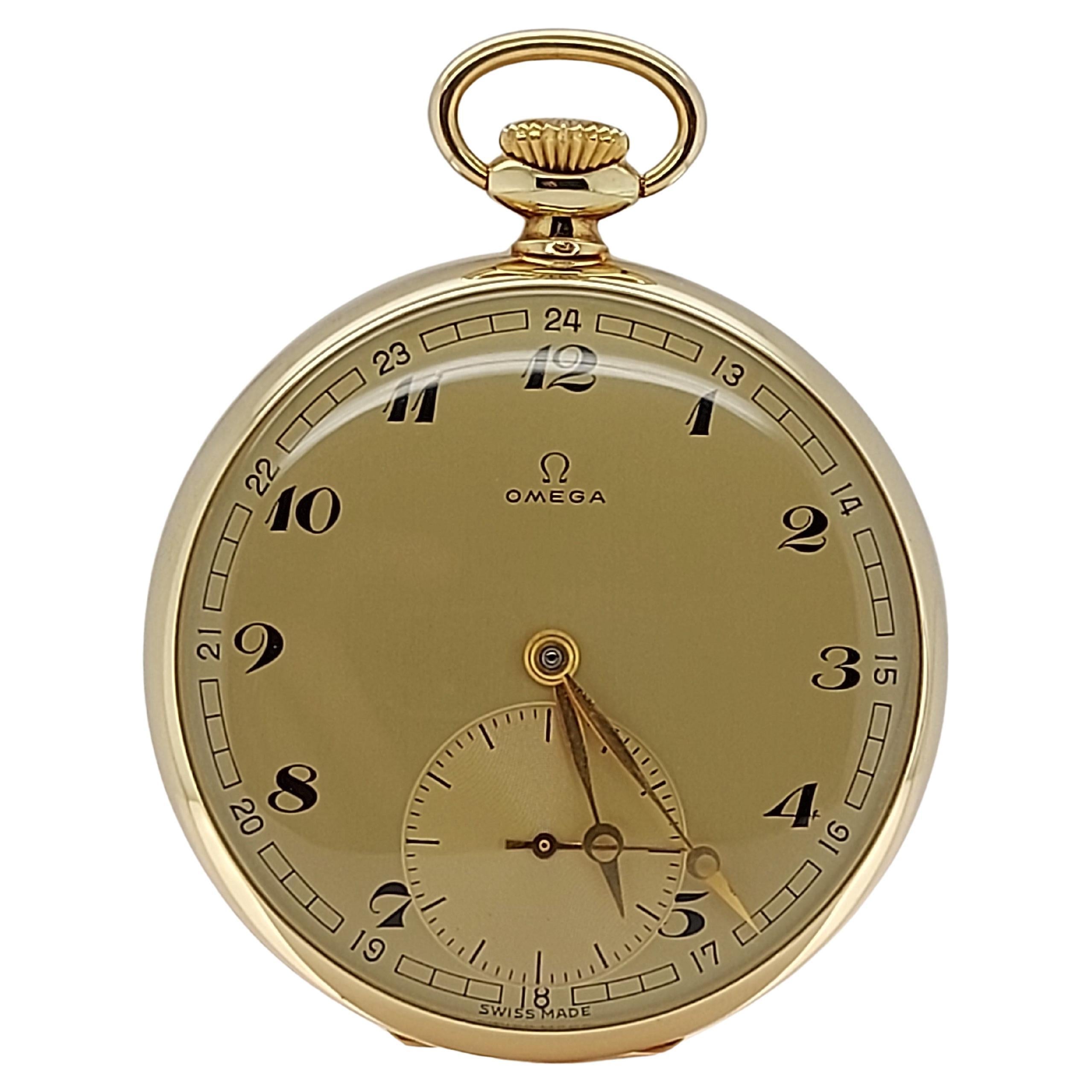 Ausgezeichneter Zustand 14kt Gelbgold Omega Taschenuhr, Kaliber 163, Gold Zifferblatt im Angebot