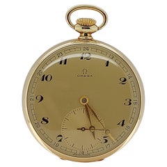 Excellent Condition 14kt Yellow Gold Omega Pocket Watch, Calibre 163, Gold Dial