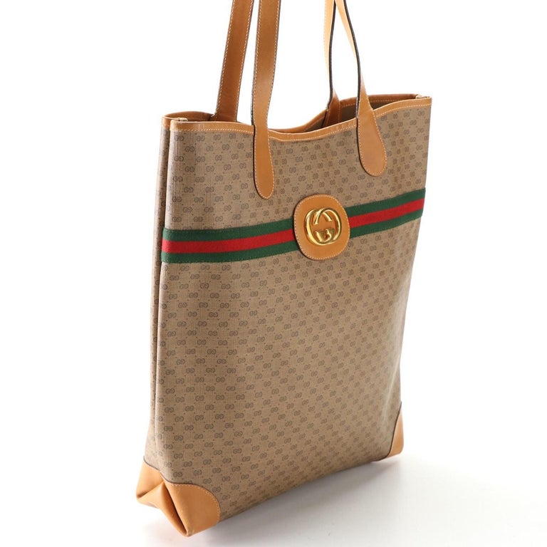 Vintage Gucci GG Canvas & Leather Tote Purse with Gold Hardware - 1990s