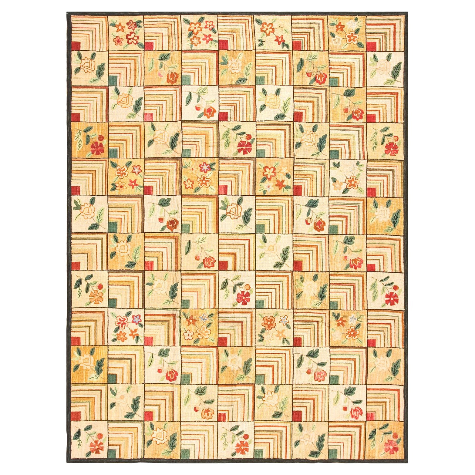 Excellent Folk Art Style in a Beige Background Contemporary American Hooked Rug