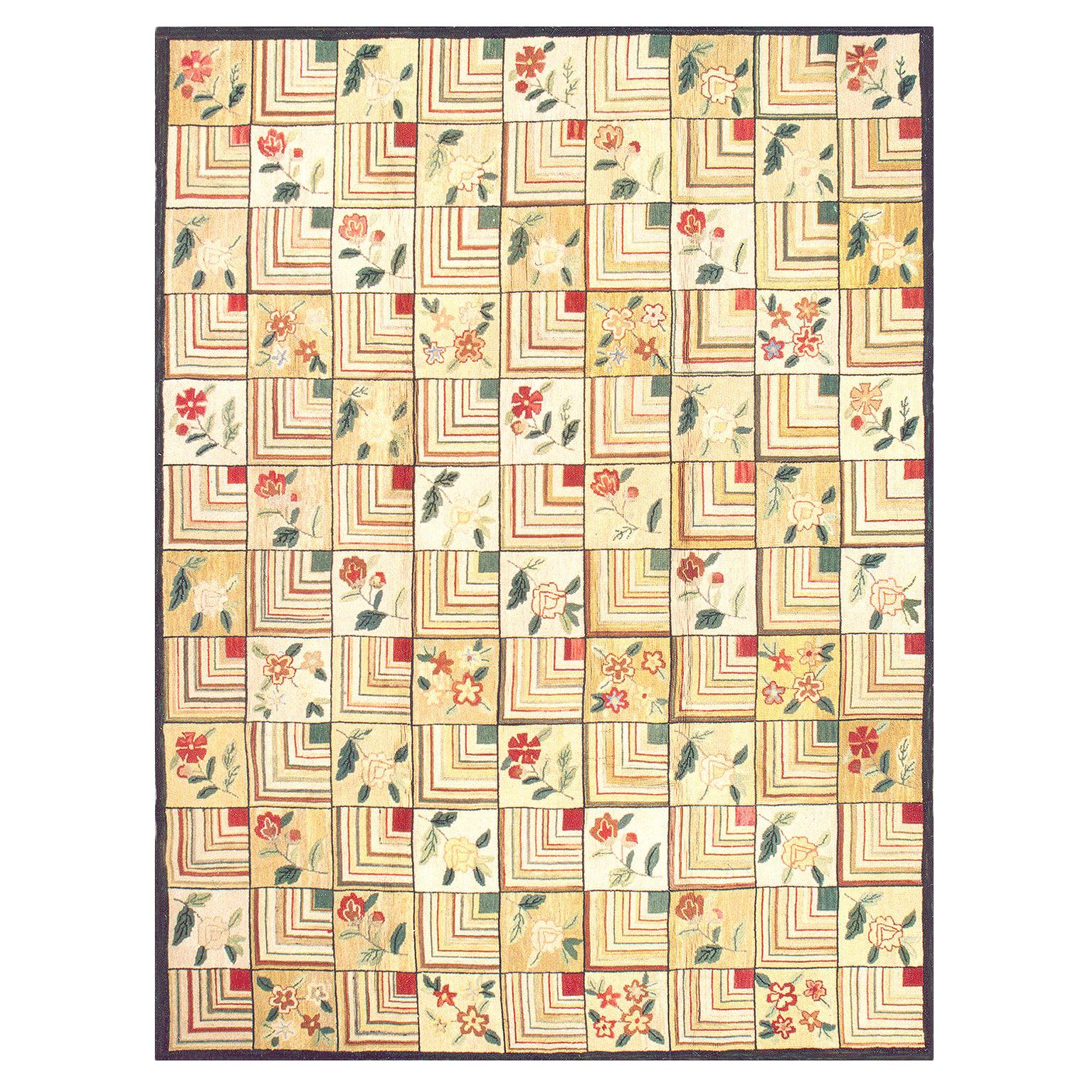 Excellent Folk Art Style in a Beige Background Contemporary American Hooked Rug