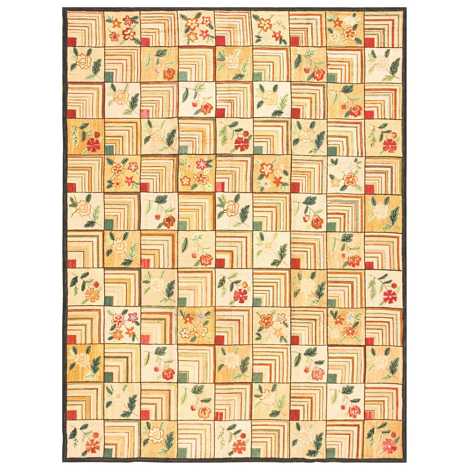 Excellent Folk Art Style in a Beige Background Contemporary American Hooked Rug