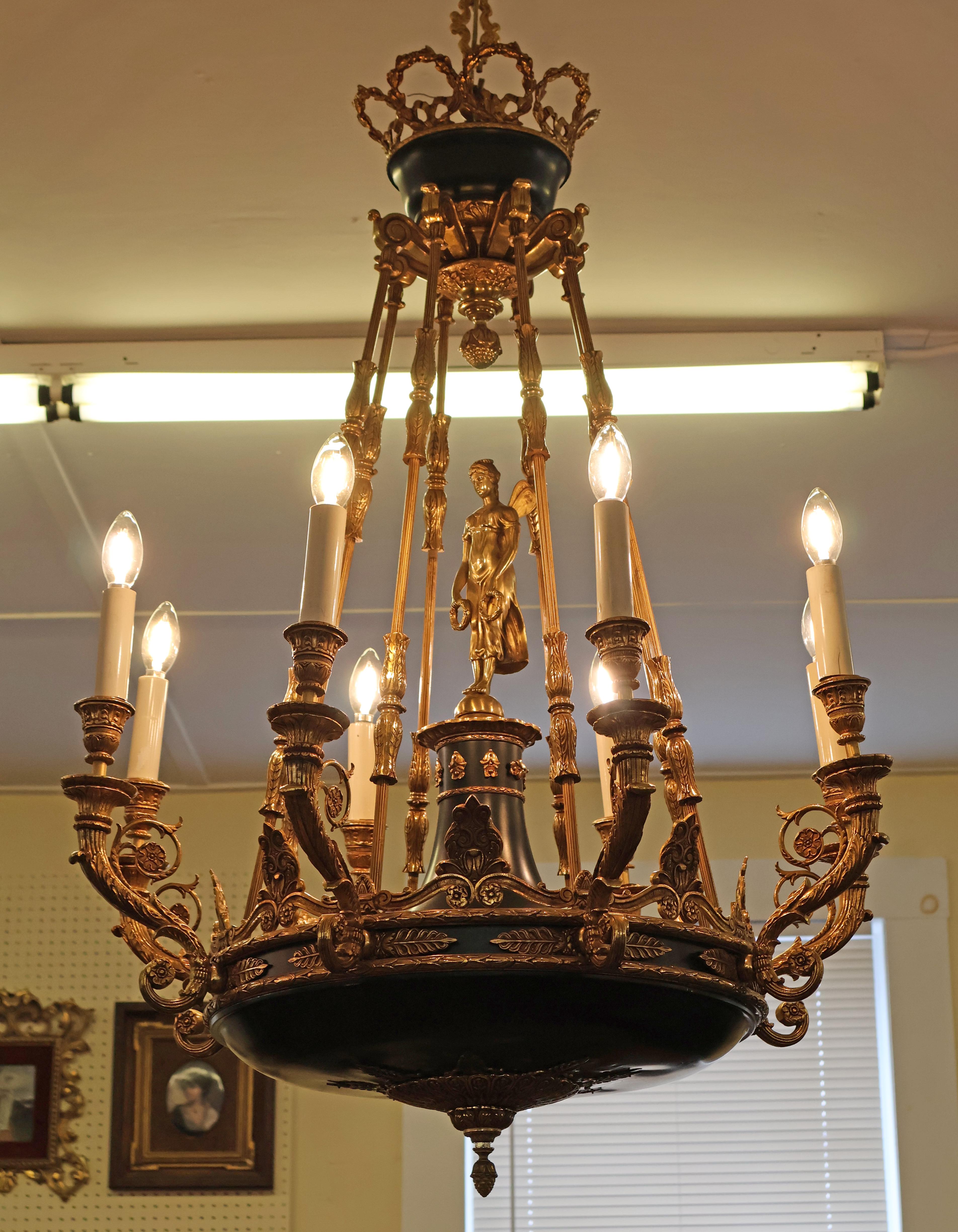 Excellent Italian Made French Empire Style 8 Light Bronze Chandelier 42 X 30 In Good Condition For Sale In Long Branch, NJ