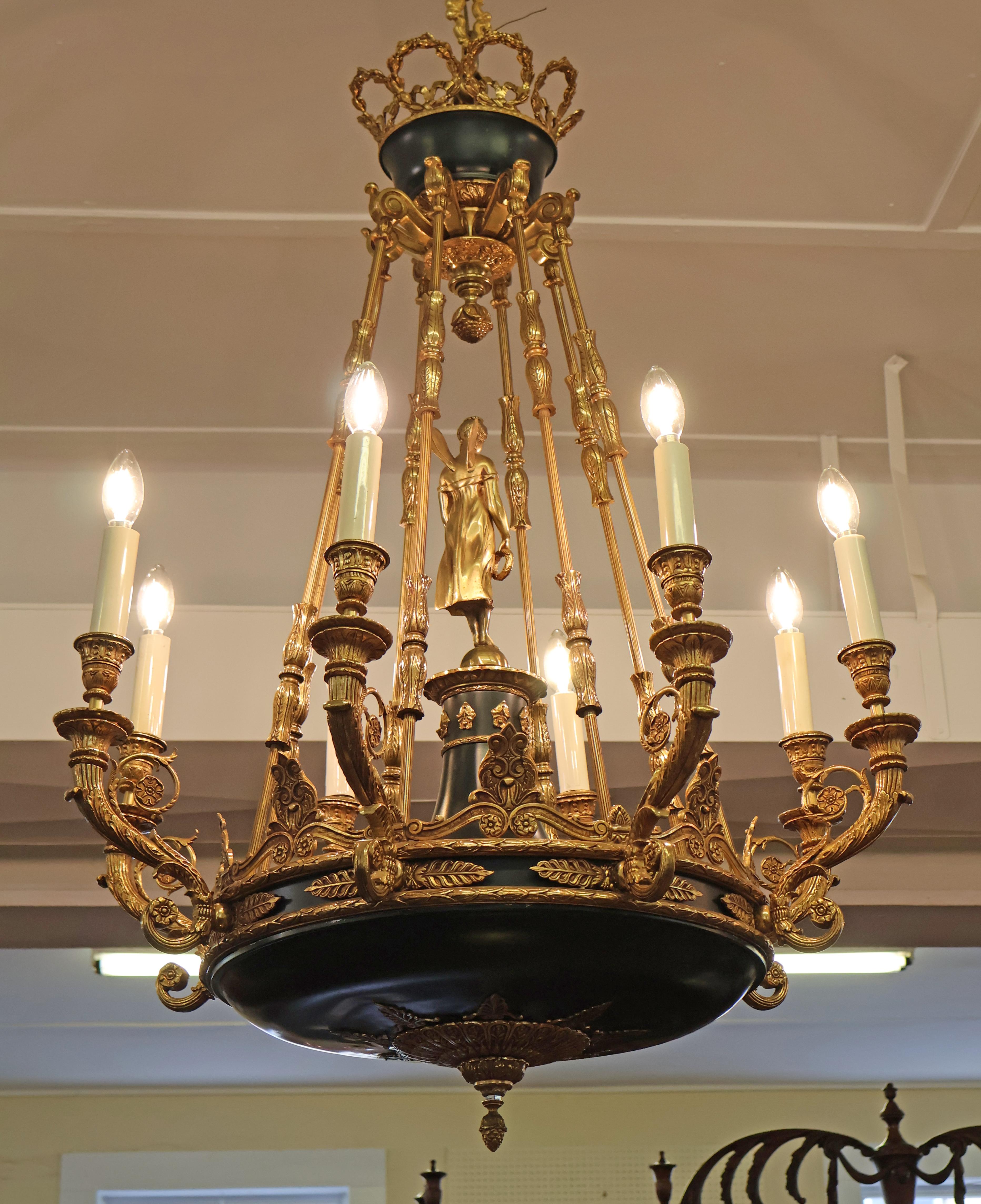 Excellent Italian Made French Empire Style 8 Light Bronze Chandelier 42 X 30 For Sale 1