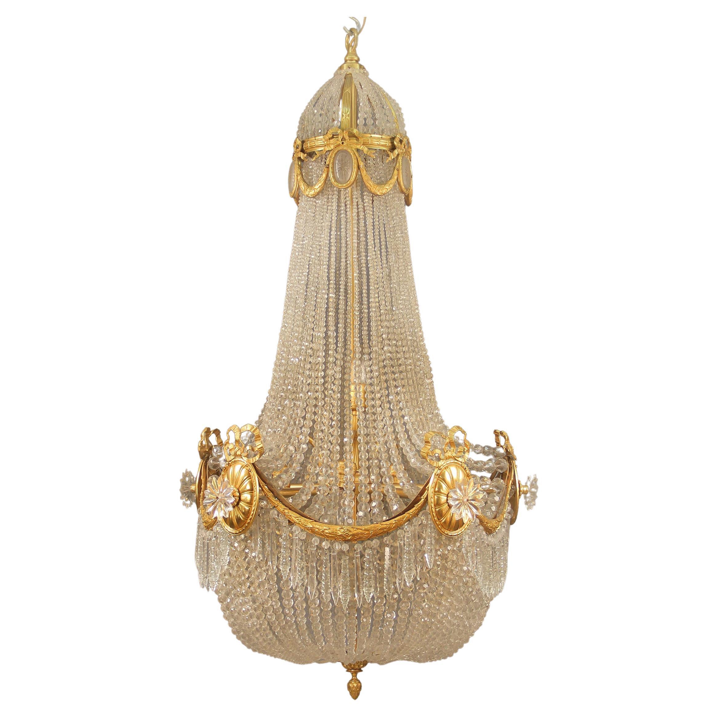 Excellent Late 19th/Early 20th Century Gilt Bronze Basket Five Light Chandelier