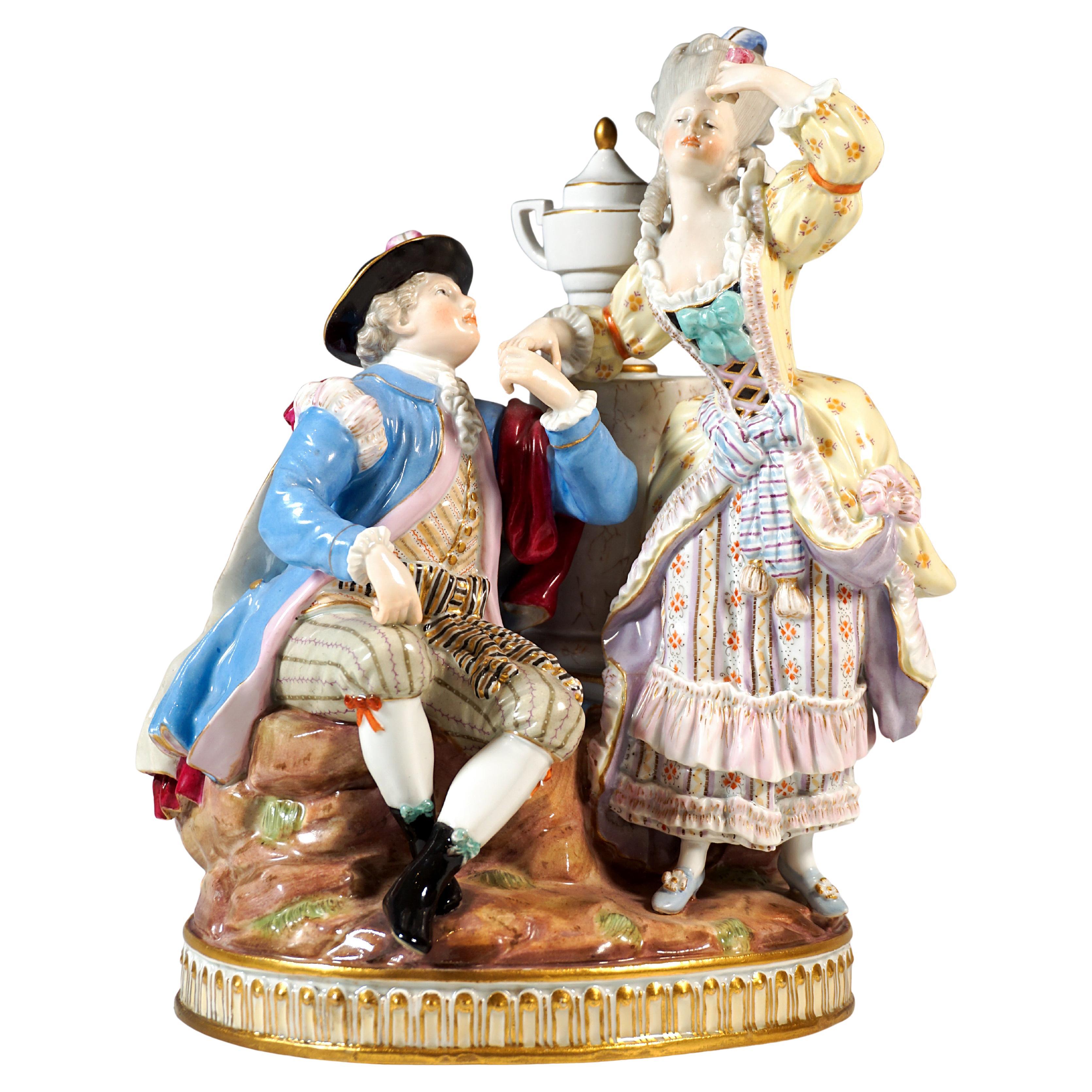 Excellent groupe de cour suédoise de style rococo de Meissen, par M.V. Acier, Ca 1850