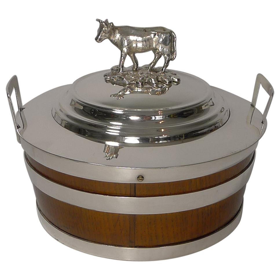Excellent Oak and Silver Plate "Cow" Butter Dish, circa 1900