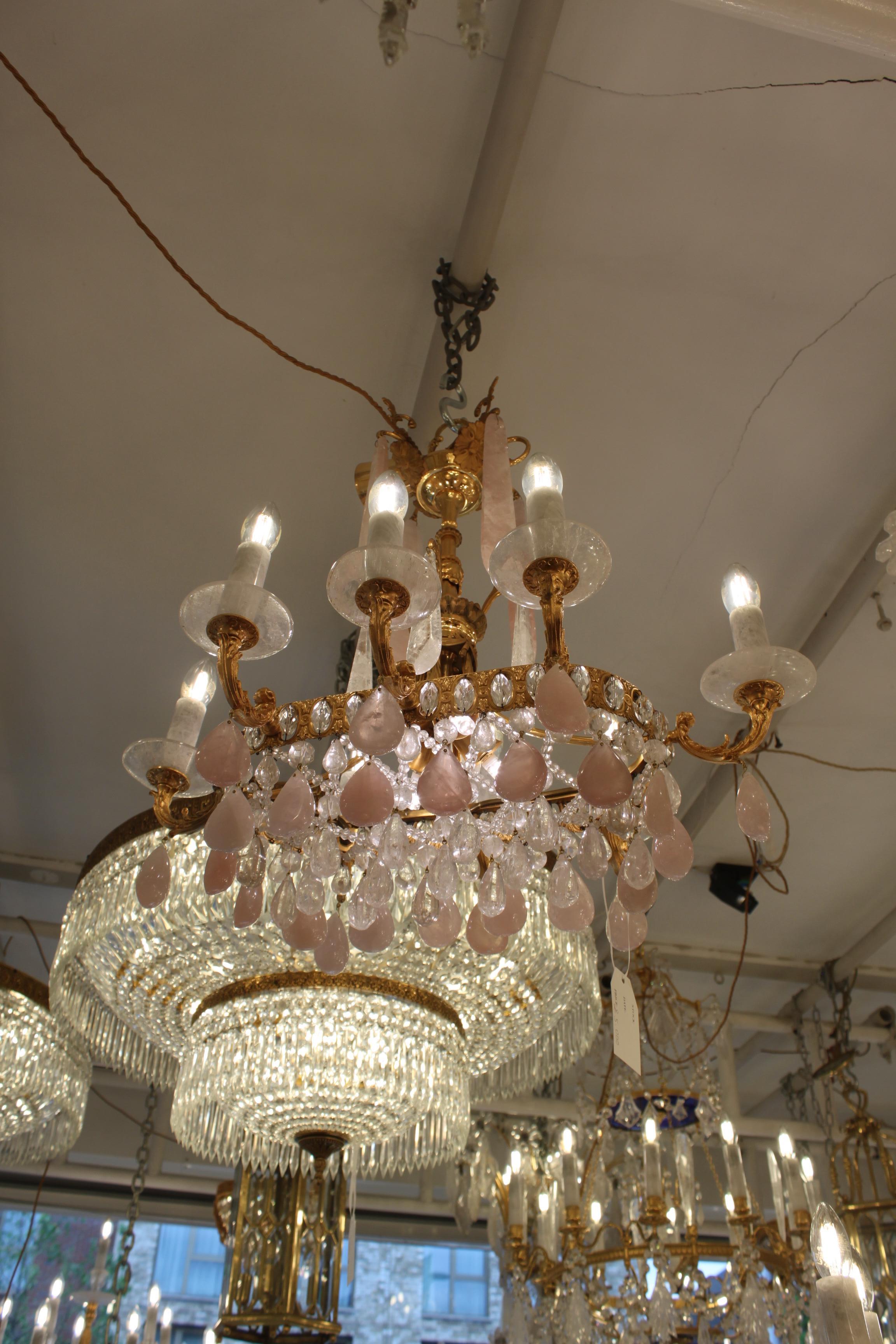 Excellent Oval French Gilt Bronze Rock Crystal Chandelier For Sale 7