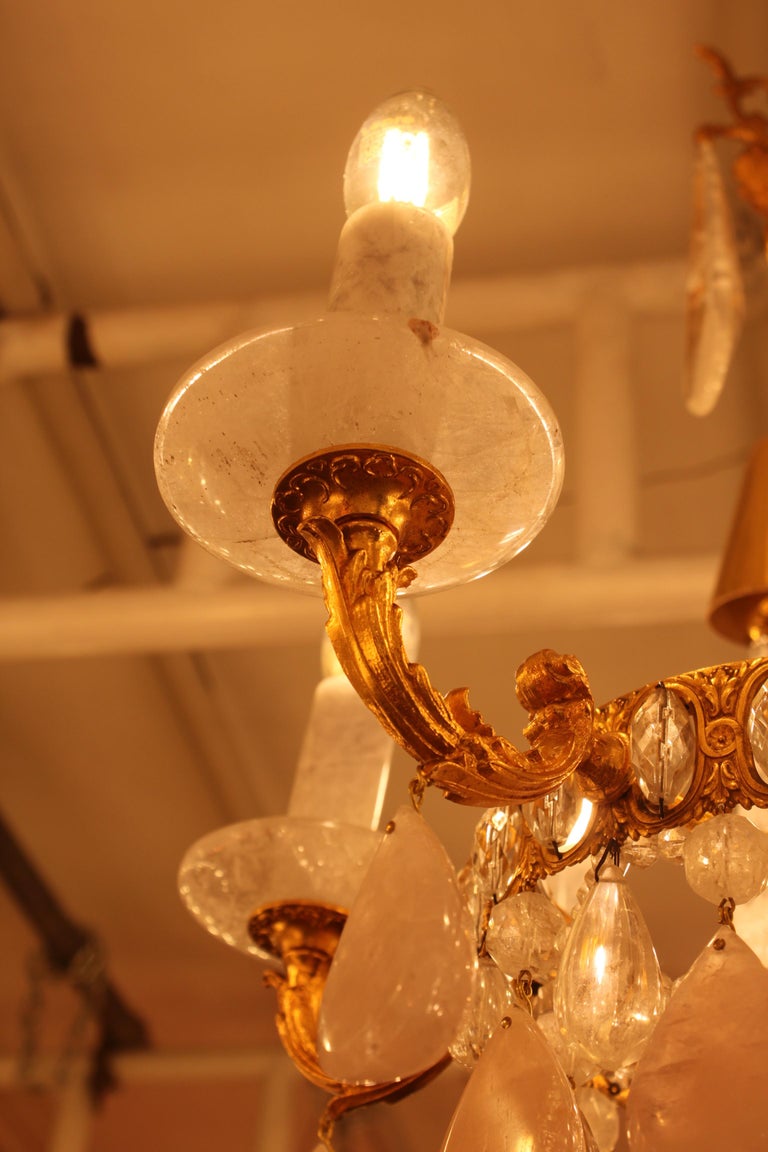 Excellent Oval French Gilt Bronze Rock Crystal Chandelier For Sale at