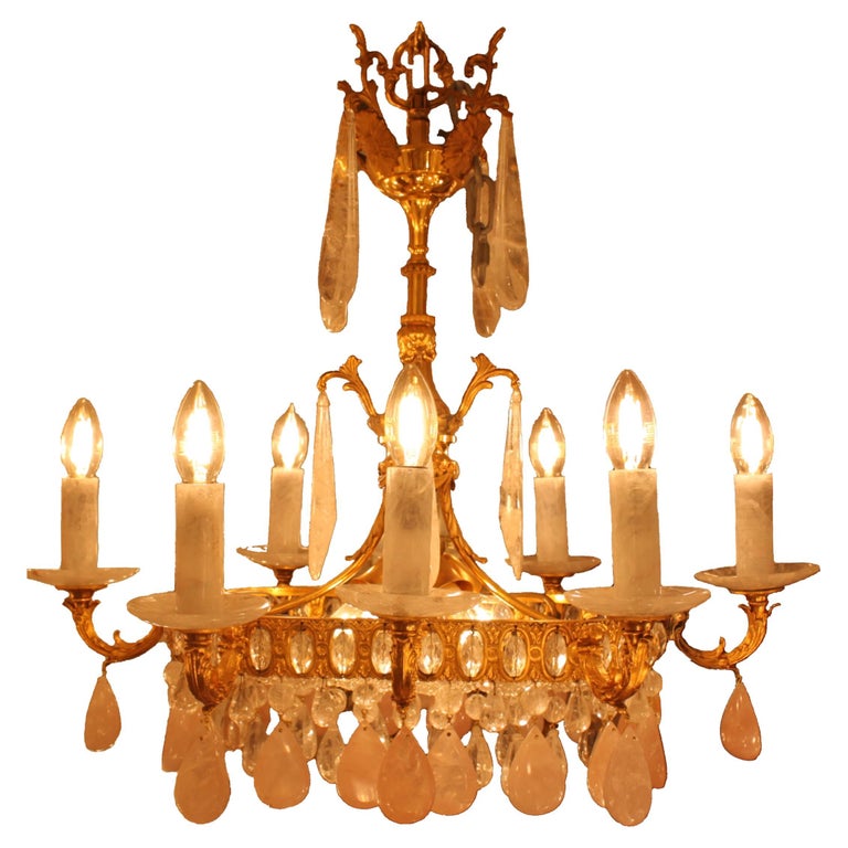 Excellent Oval French Gilt Bronze Rock Crystal Chandelier For Sale at
