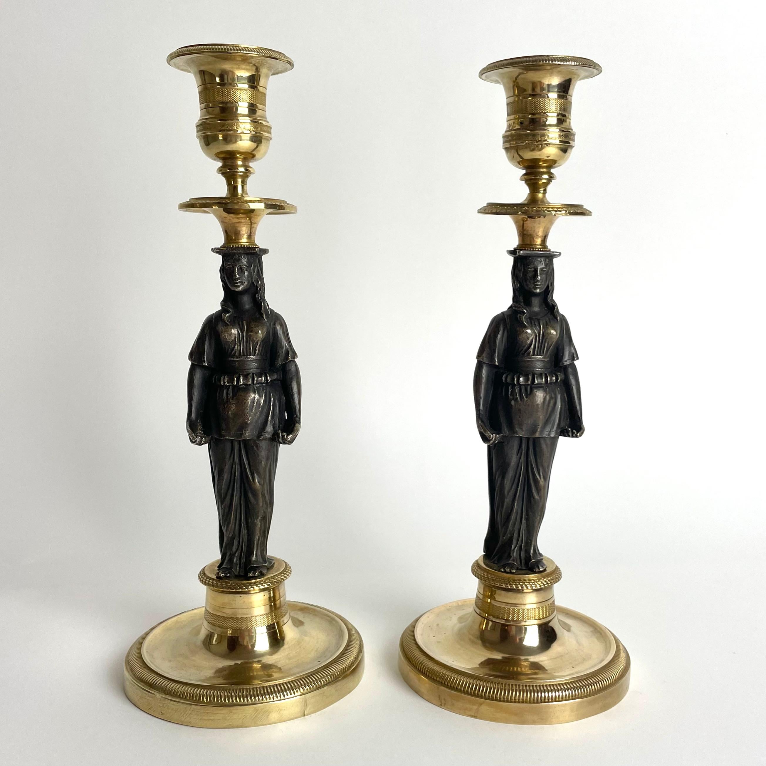 Excellent Pair of Gilt Candlesticks with Caryatids. French Empire, circa 1820 In Good Condition In Knivsta, SE