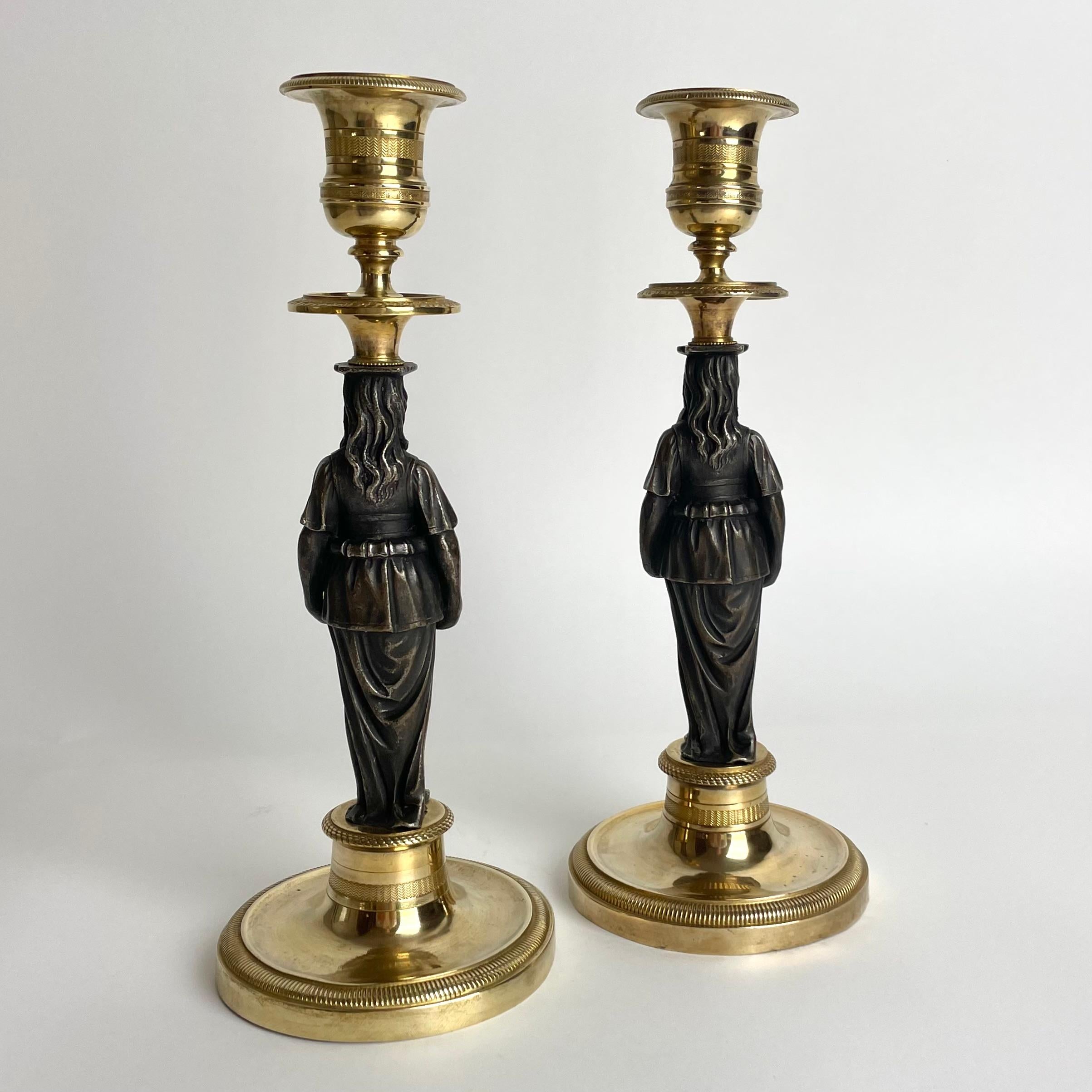 Early 19th Century Excellent Pair of Gilt Candlesticks with Caryatids. French Empire, circa 1820