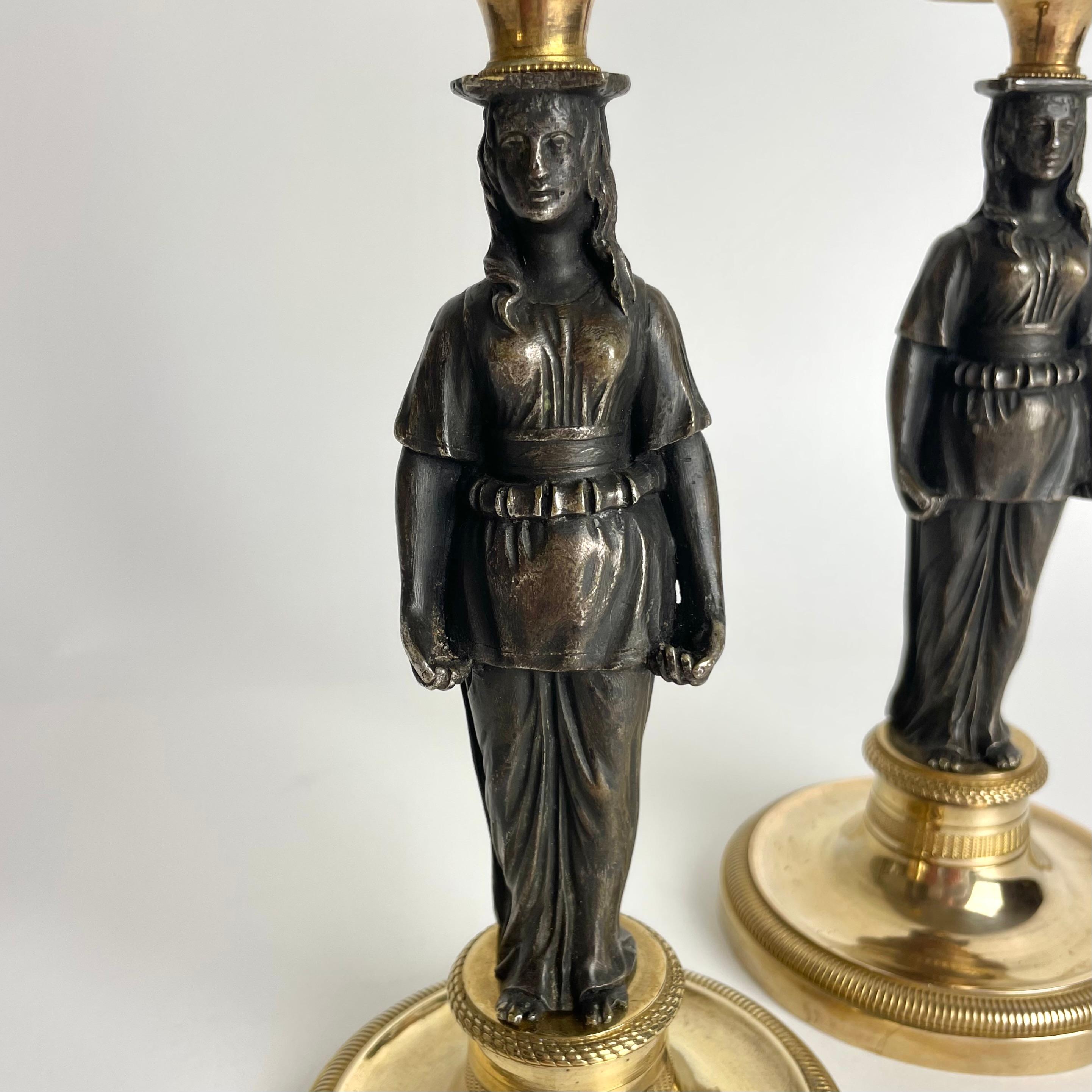 Excellent Pair of Gilt Candlesticks with Caryatids. French Empire, circa 1820 1