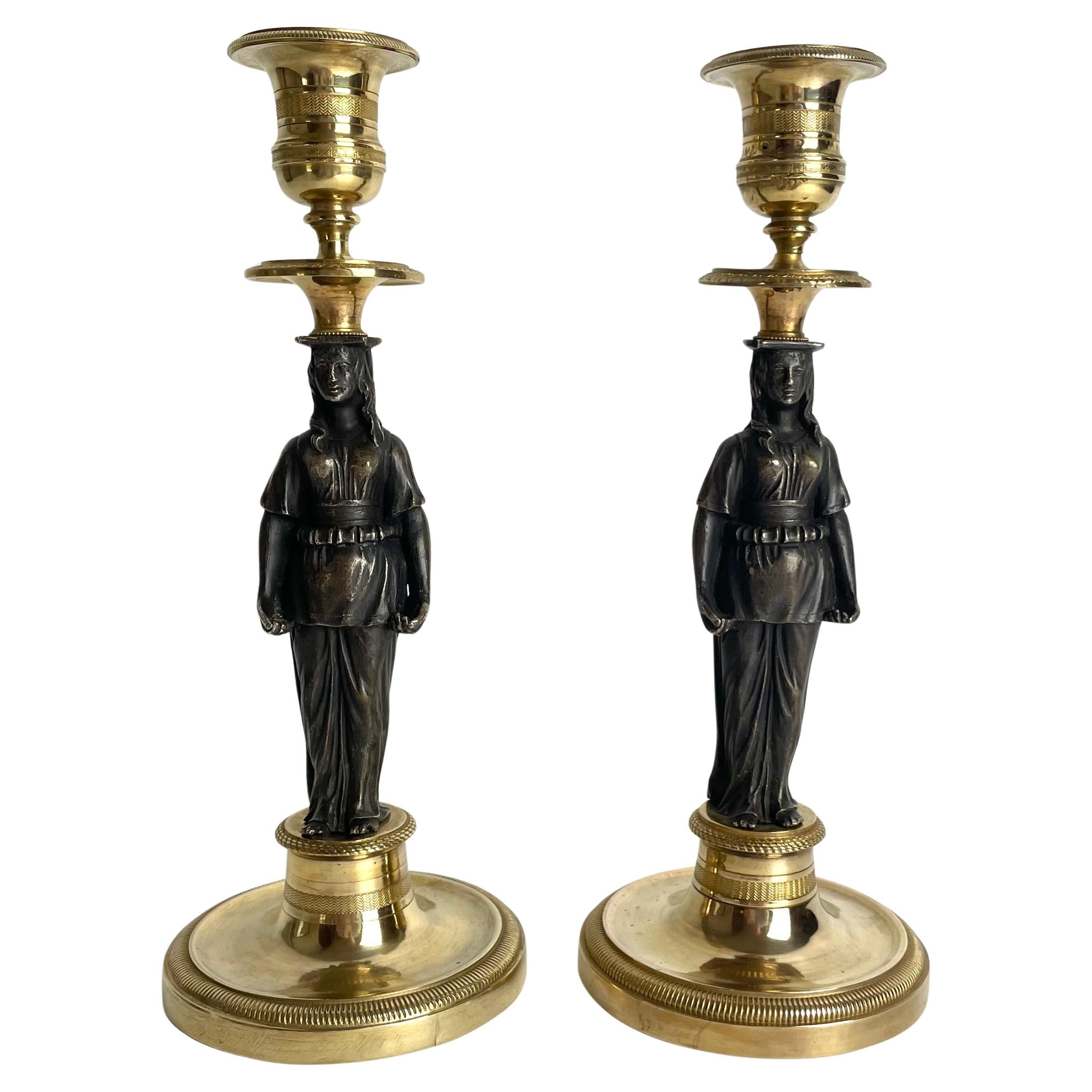 Excellent Pair of Gilt Candlesticks with Caryatids. French Empire, circa 1820