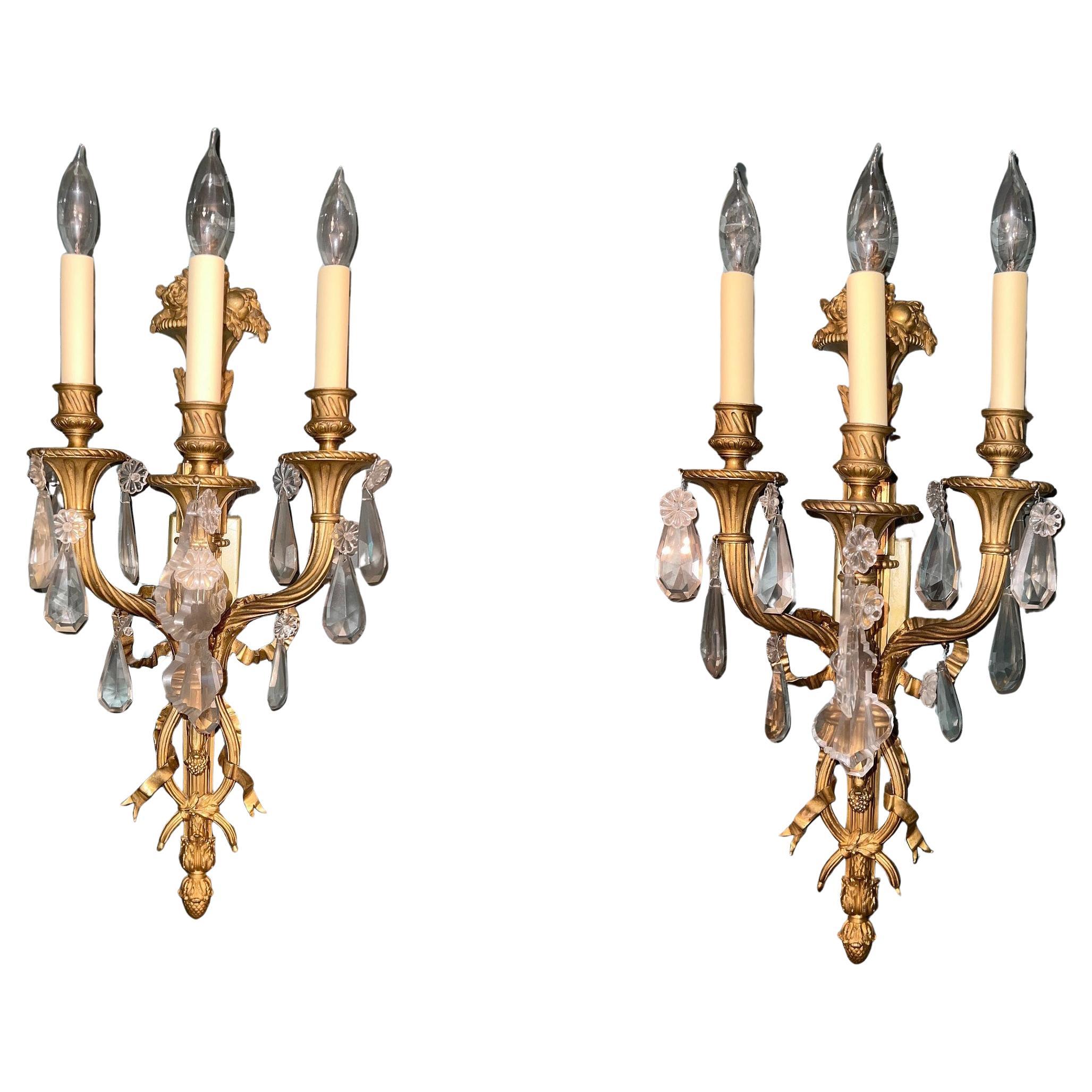 Excellent Pair of Late 19th Century Gilt Bronze and Crystal Three Light Sconces