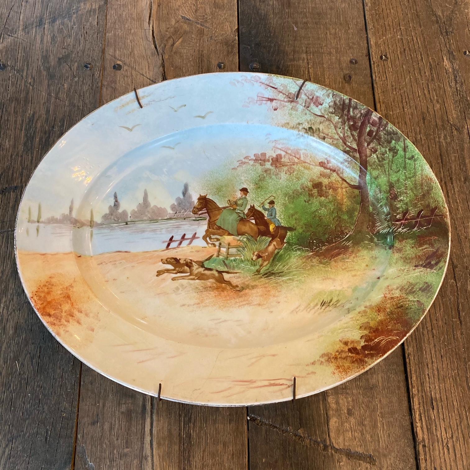 Excellent Pair of Limoges Oval Equestrian Hunting Hand Painted Platters 1