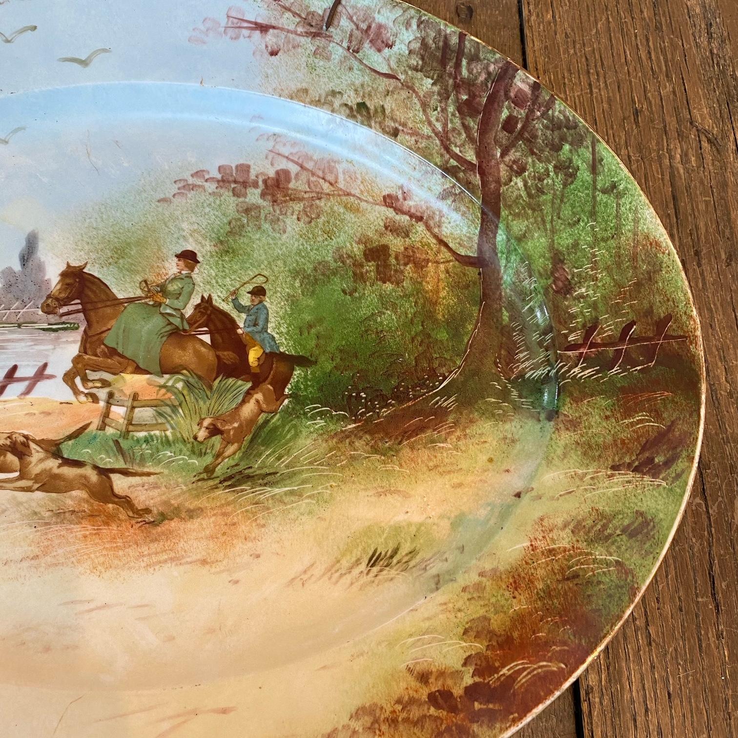 Excellent Pair of Limoges Oval Equestrian Hunting Hand Painted Platters 3