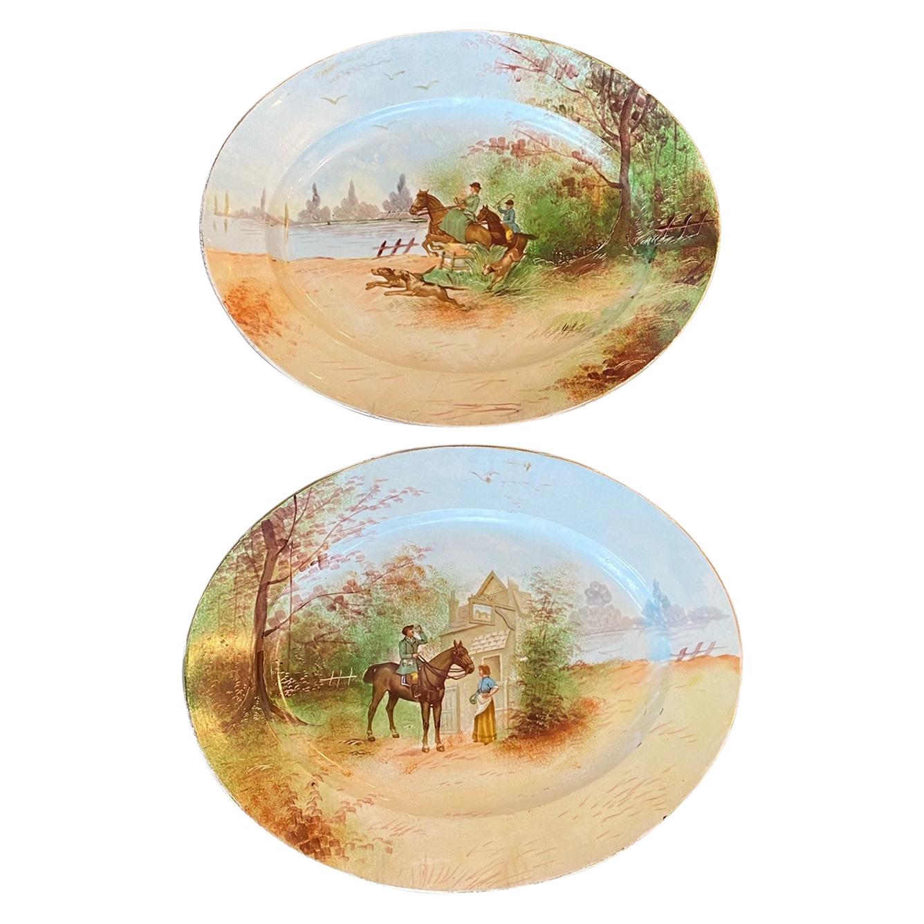 Excellent Pair of Limoges Oval Equestrian Hunting Hand Painted Platters