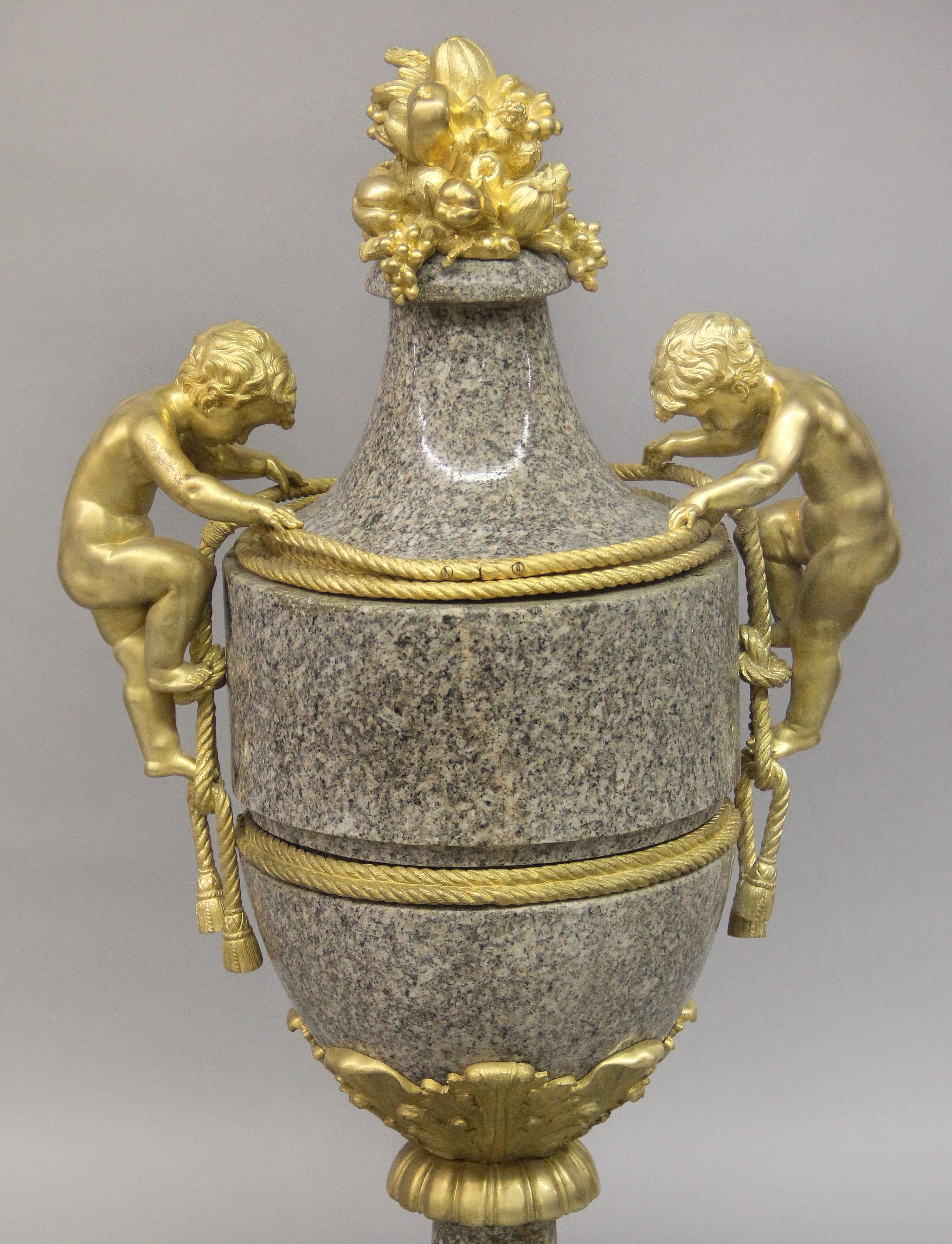 Excellent Quality Pair of Large 19th Century Gilt Bronze Mounted Granite Vases For Sale 4