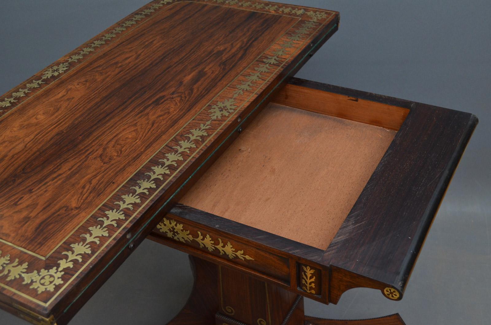 Excellent Regency Brass Inlaid Rosewood Card Table For Sale 3