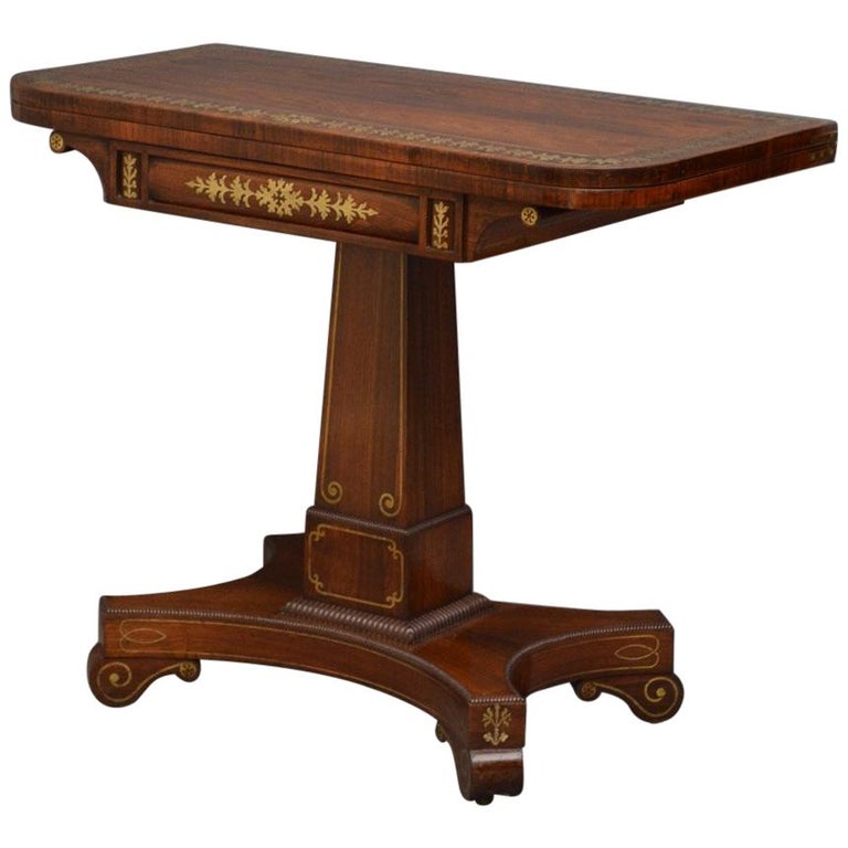 Excellent Regency Brass Inlaid Rosewood Card Table For Sale