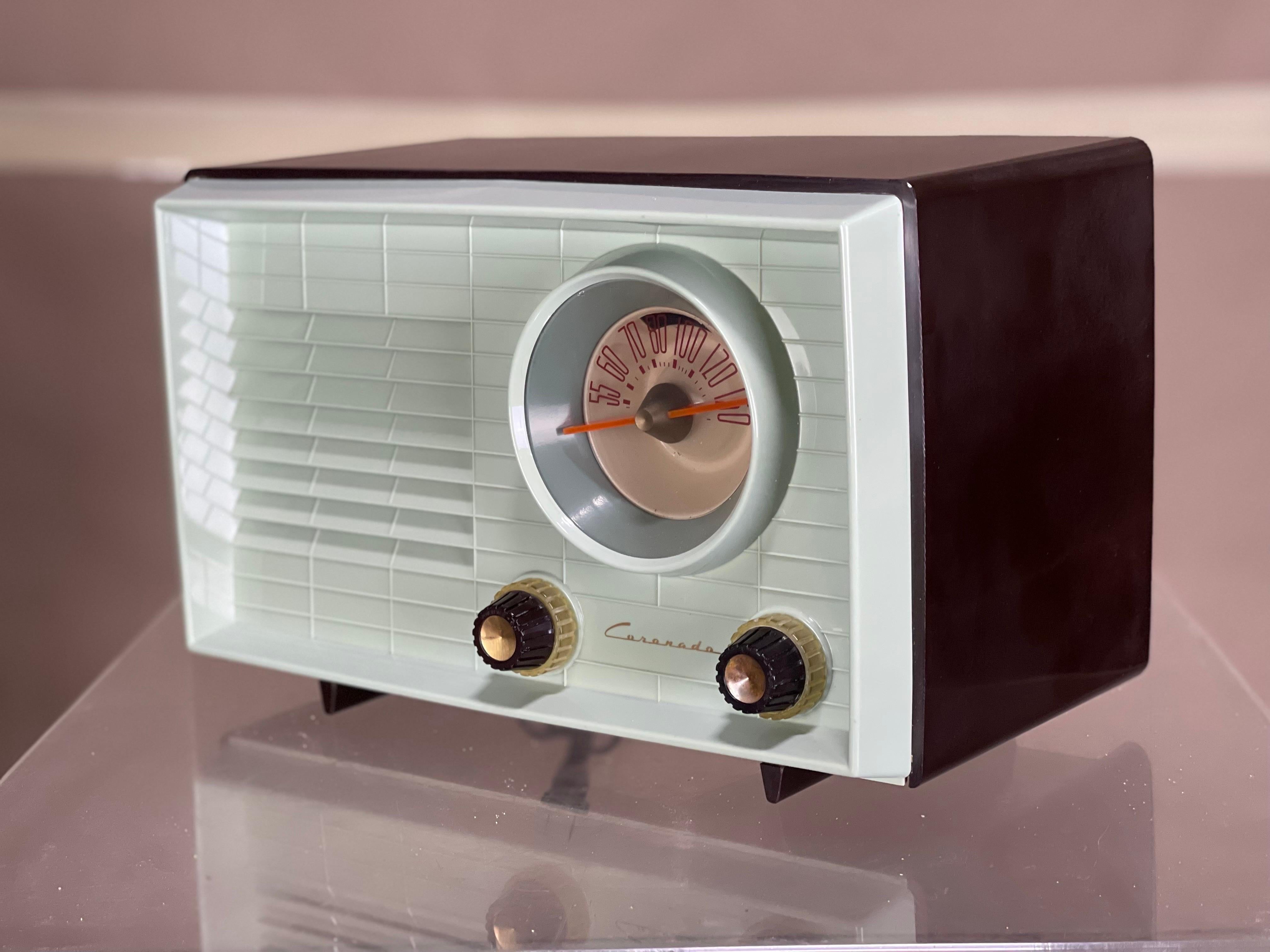 Mid-Century Modern Vintage Tube AM Radio in Blue Green and Brown by Coronado Serviced 