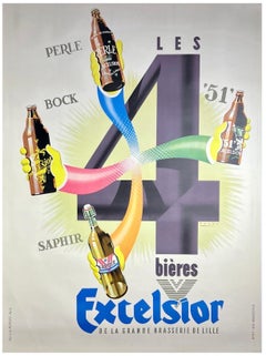 EXCELSIOR 4 BIERES Original Vintage French Beer Advertising Poster