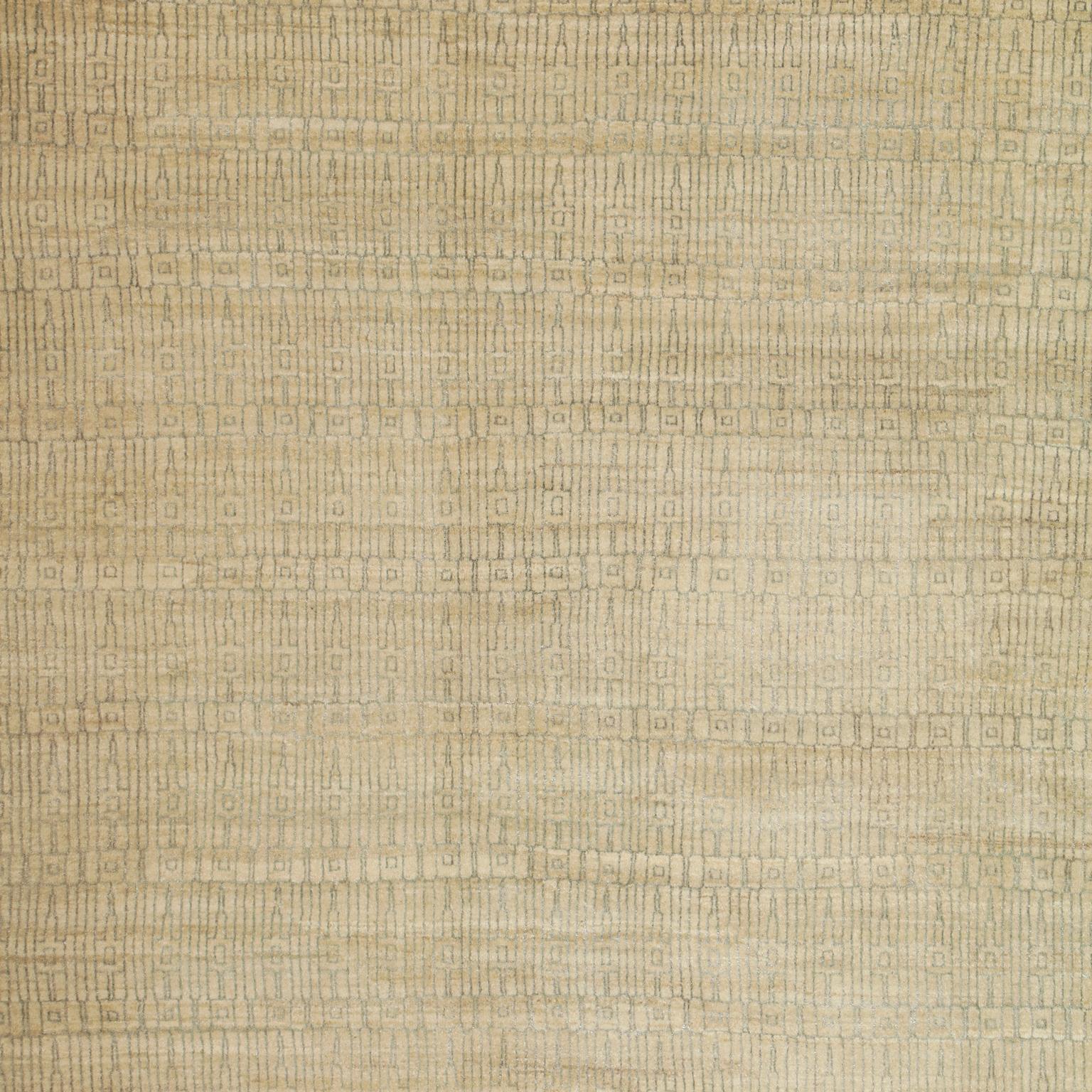 Ultra-detailed with a soft light-gray silk design and a subdued cream background, this contemporary wool and silk Excelsior carpet is hand-knotted and belongs to the Orley Shabahang Architectural collection. The intricate and repetitive small-scale