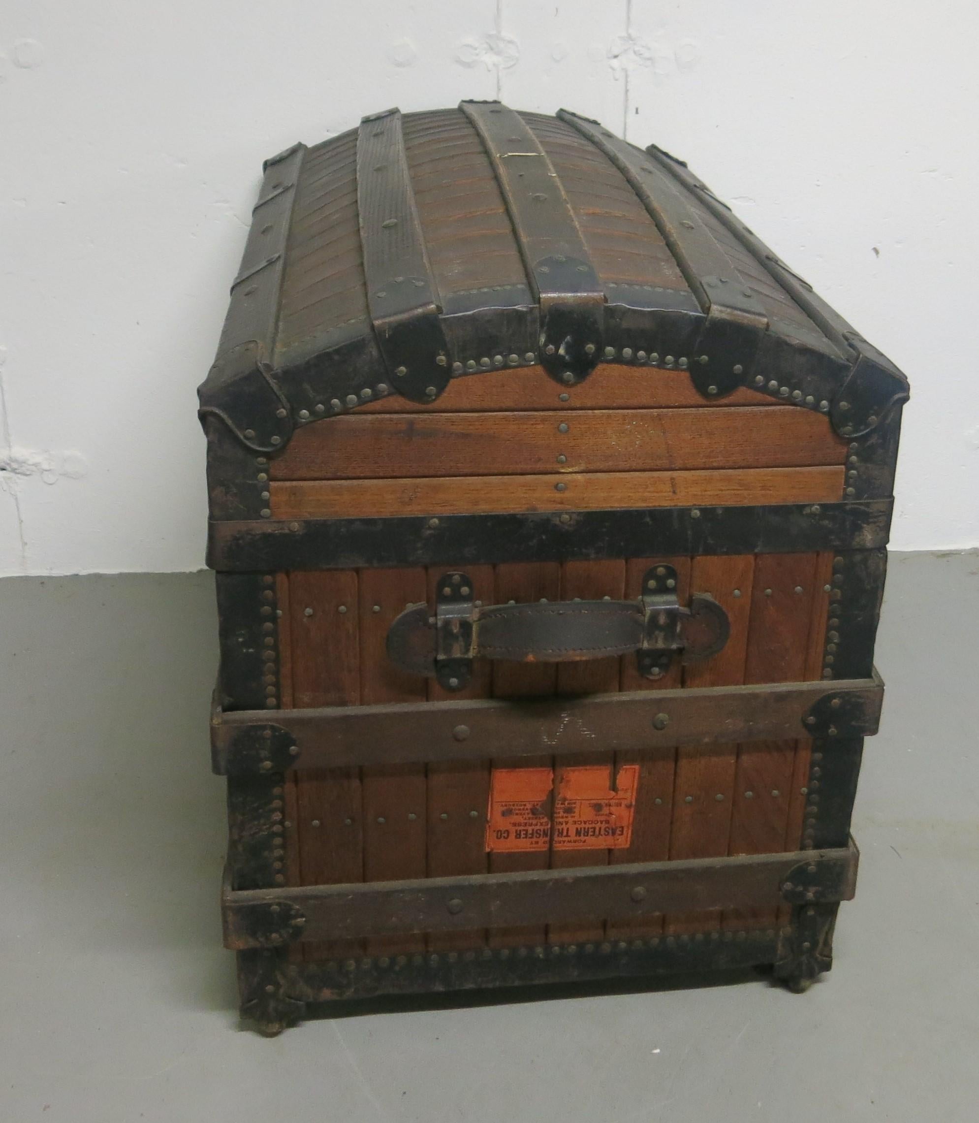 Excelsior Slatted Oak Trunk Patented 1868 Steamer Trunk In Good Condition For Sale In Newtown, CT