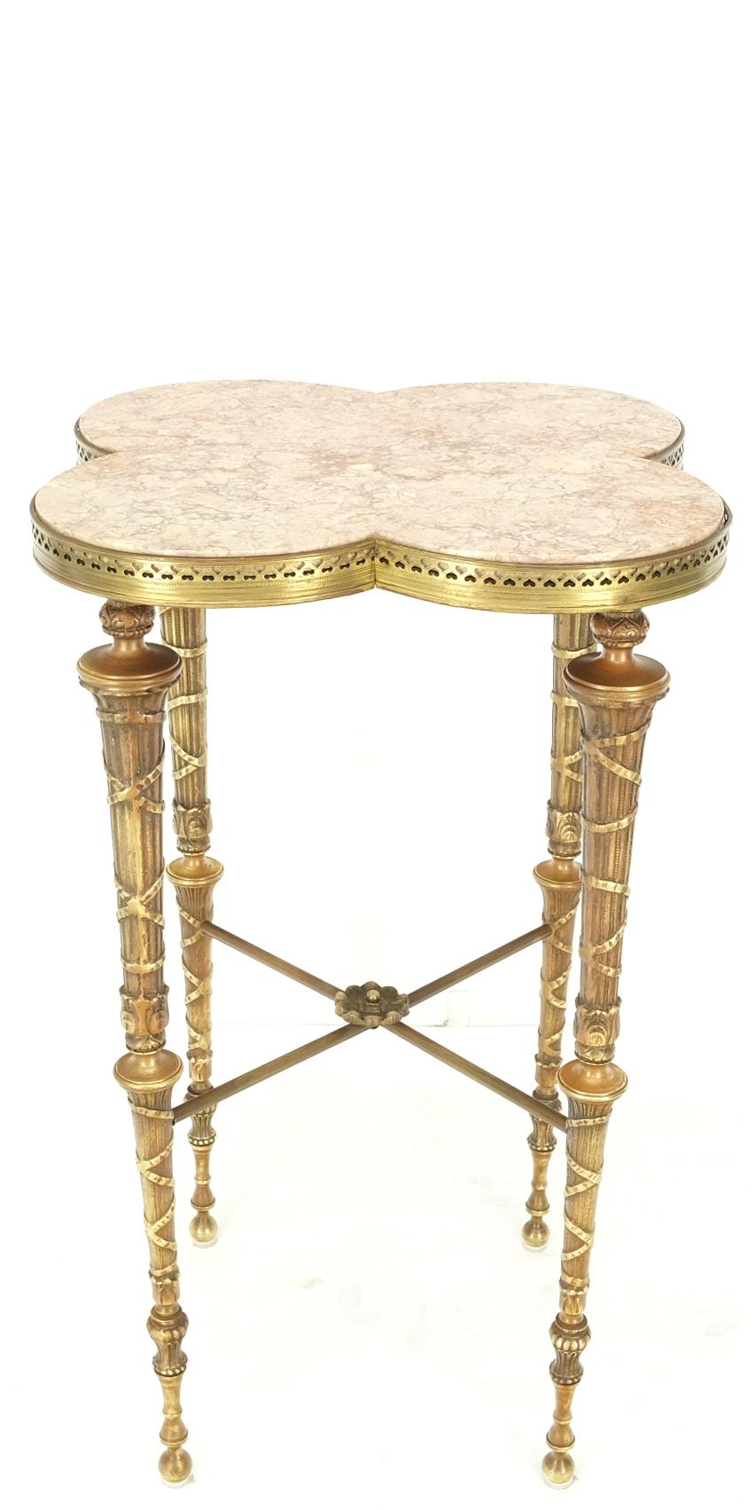 Exception Clover Shape Pink Marble Top Fluted Brass Legs Tall Pedestal Stand For Sale 5