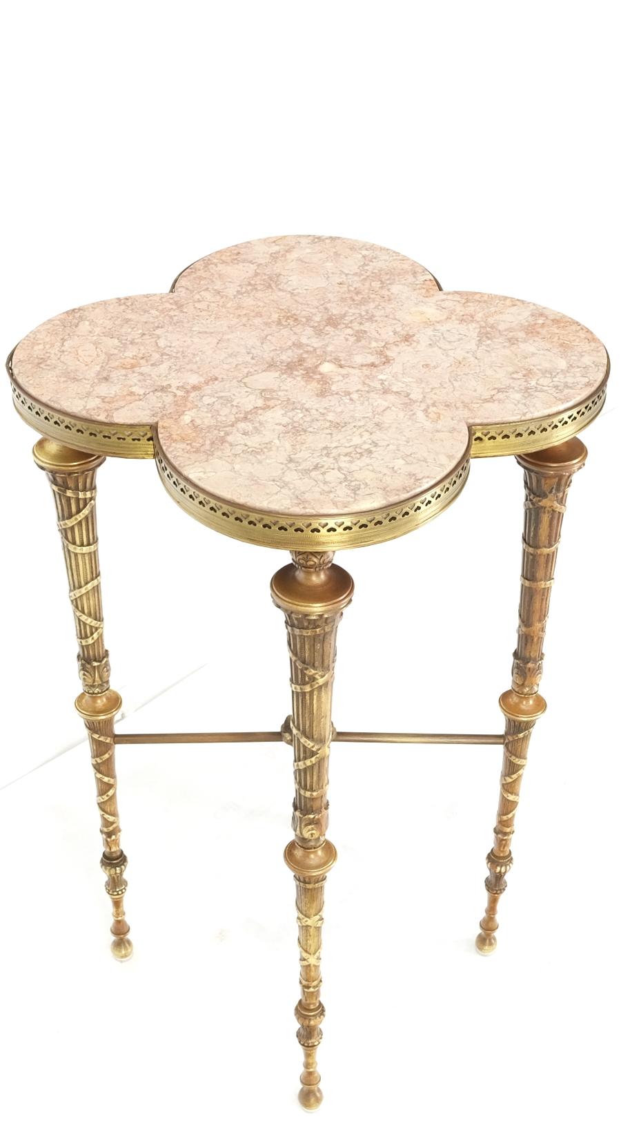 Exception Clover Shape Pink Marble Top Fluted Brass Legs Tall Pedestal Stand For Sale 6