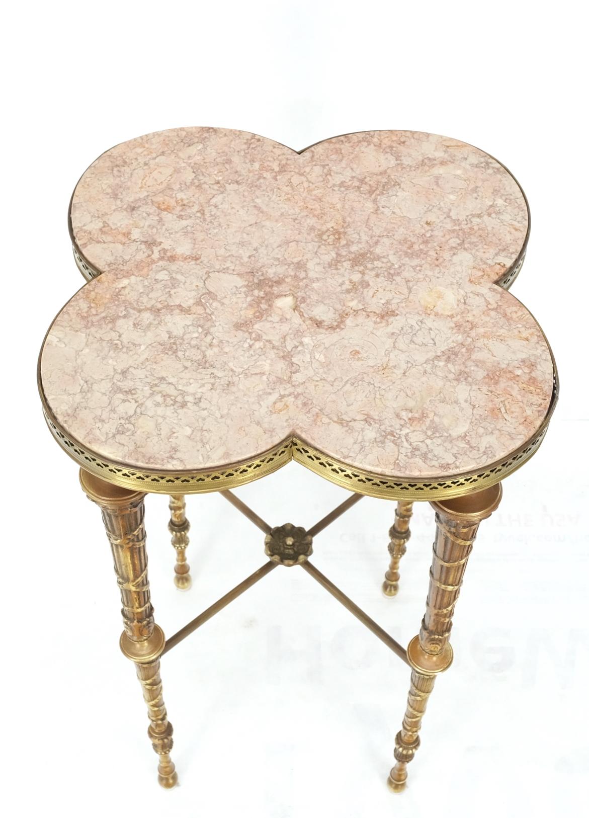 Exception Clover Shape Pink Marble Top Fluted Brass Legs Tall Pedestal Stand For Sale 7