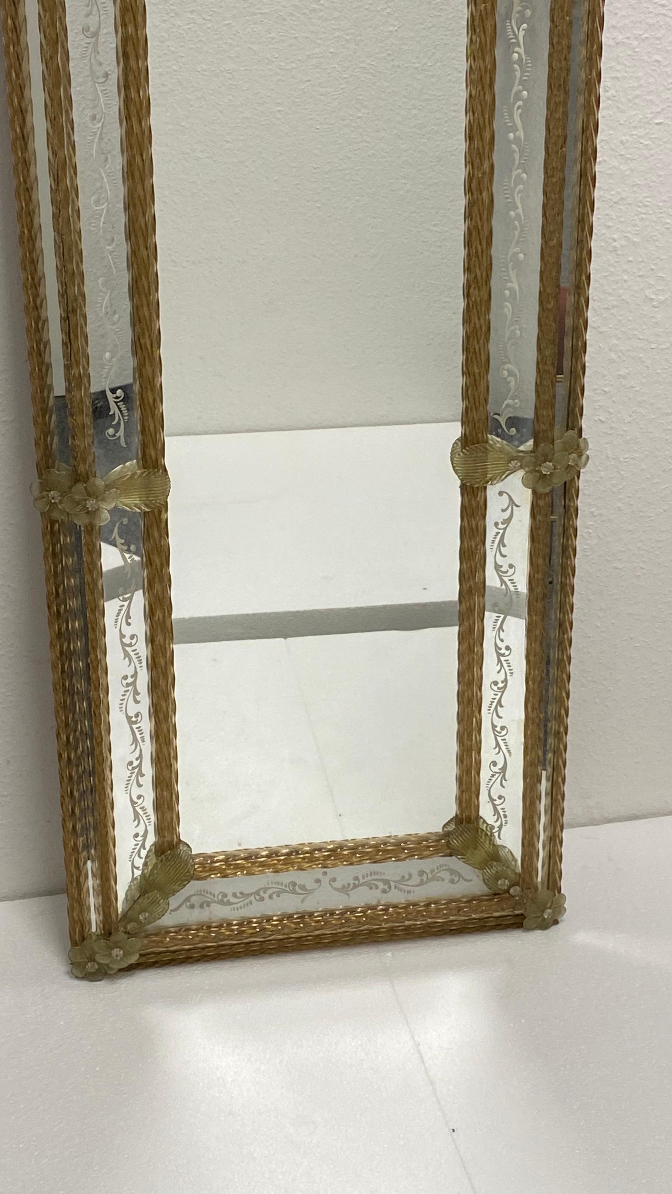 Hollywood Regency Exceptional Large Murano Glass Wall Mirror Clear and Gold Flakes Glass 1950s