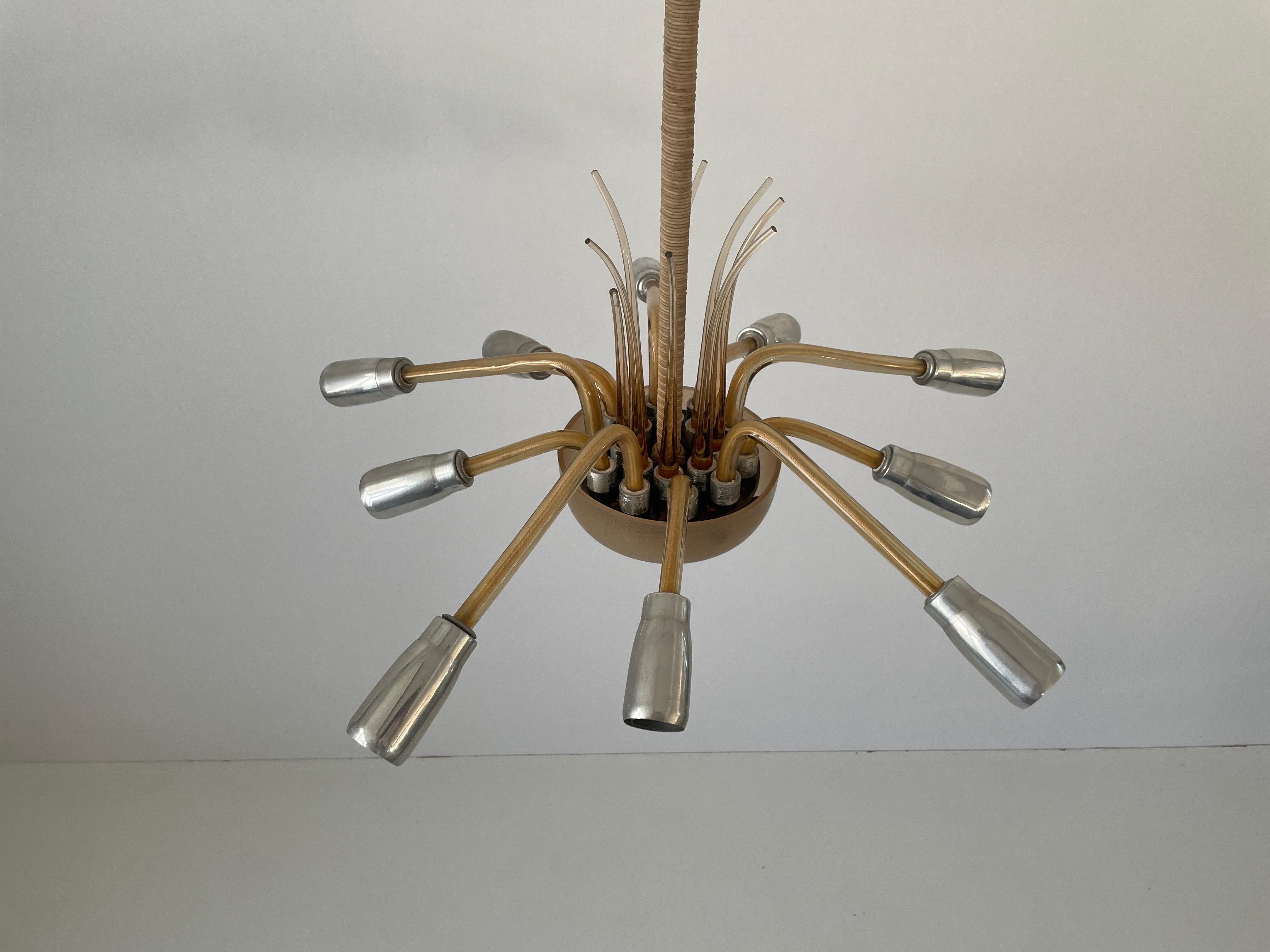 Excepcional araña Art Decó de 10 brazos en vidrio y metal, años 50, Alemania Moderno de mediados de siglo en venta