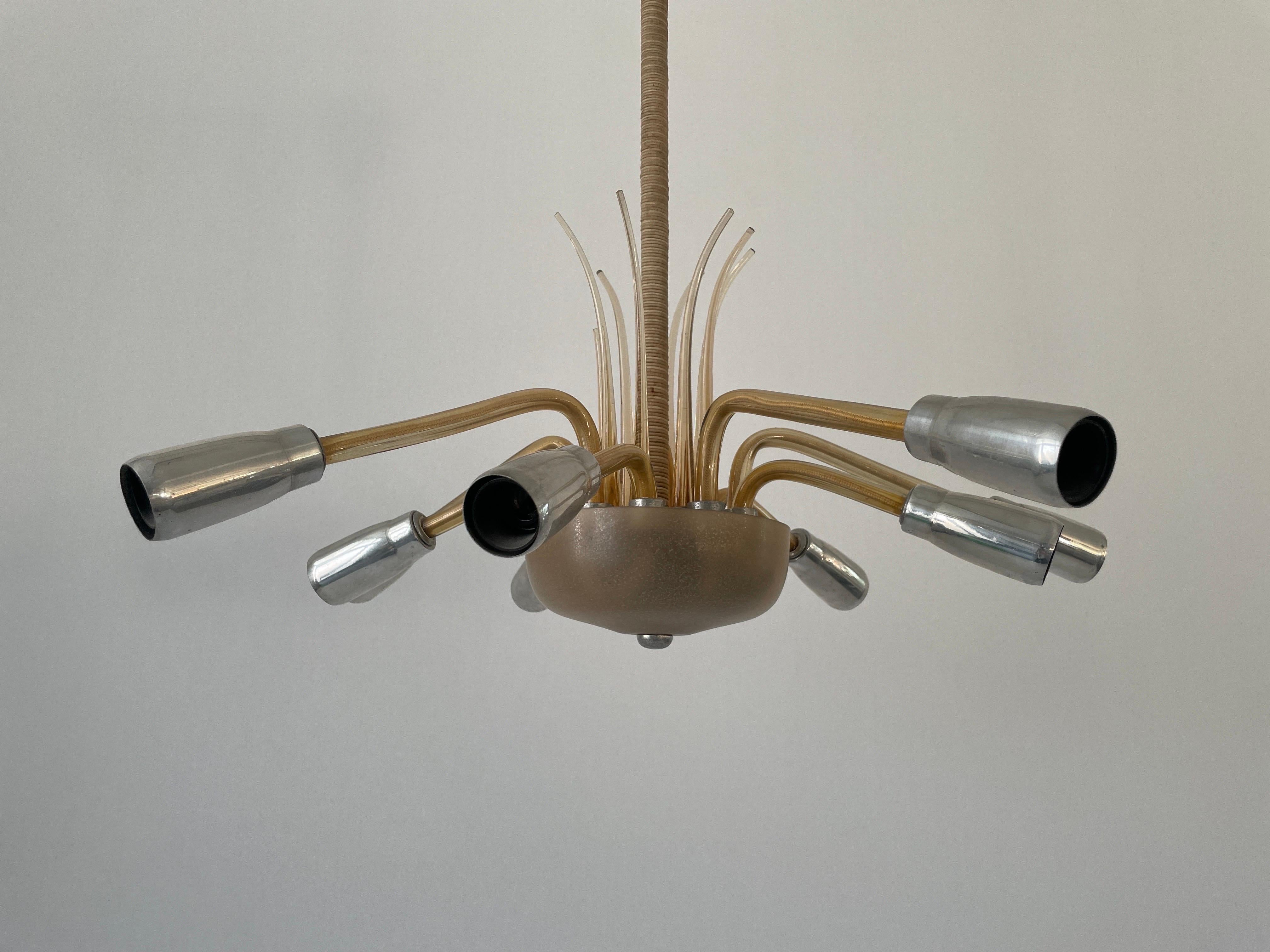 Excepcional araña Art Decó de 10 brazos en vidrio y metal, años 50, Alemania Alemán en venta