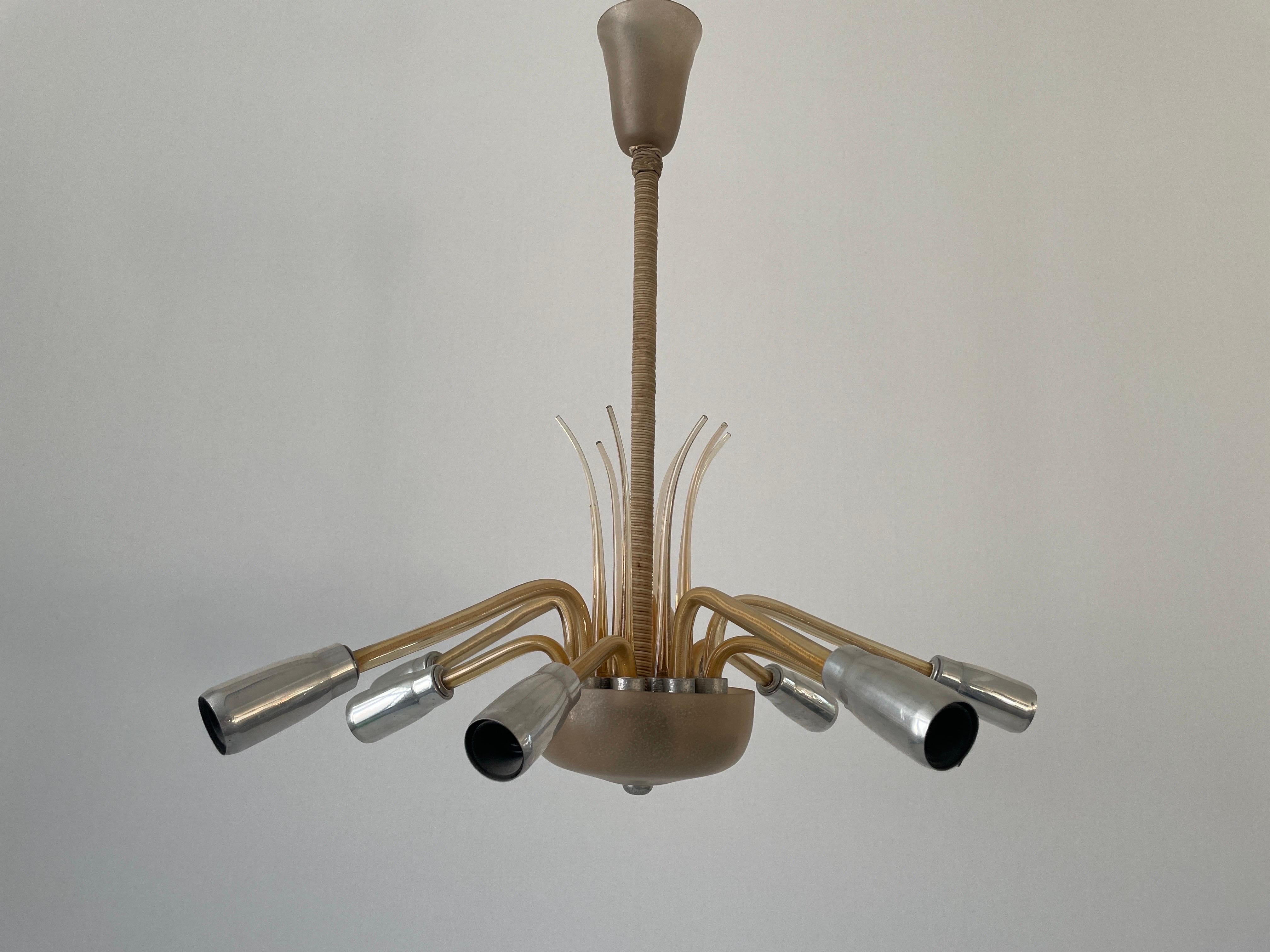 Excepcional araña Art Decó de 10 brazos en vidrio y metal, años 50, Alemania mediados del siglo XX en venta